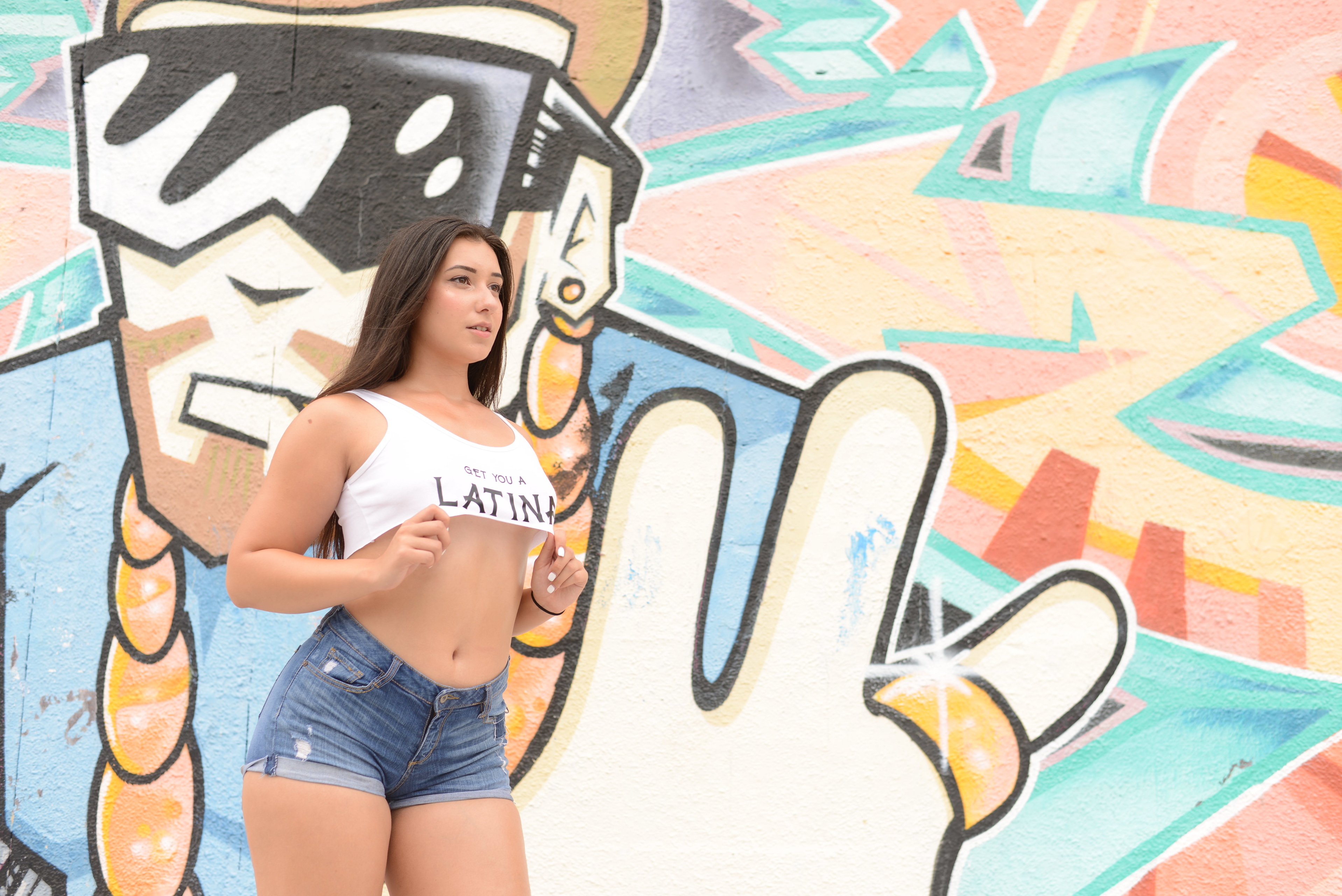 People 3836x2560 Desy Gato  women brunette portrait model outdoors brown eyes looking into the distance short tops white tops underboob belly belly button jean shorts wall graffiti white nails women outdoors tight shorts