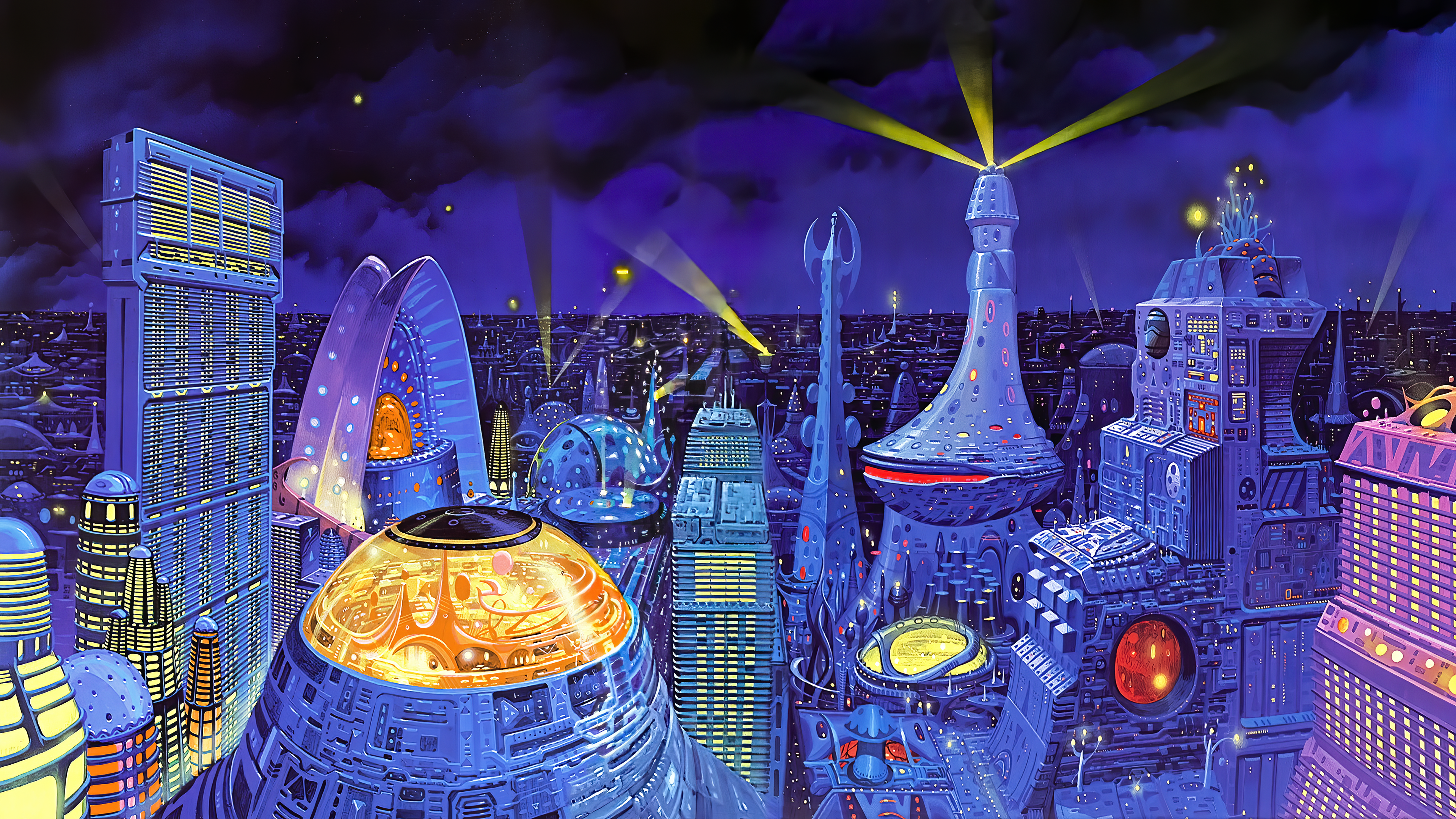 General 3840x2160 artwork city science fiction clouds night lights Angus McKie futuristic city digital art