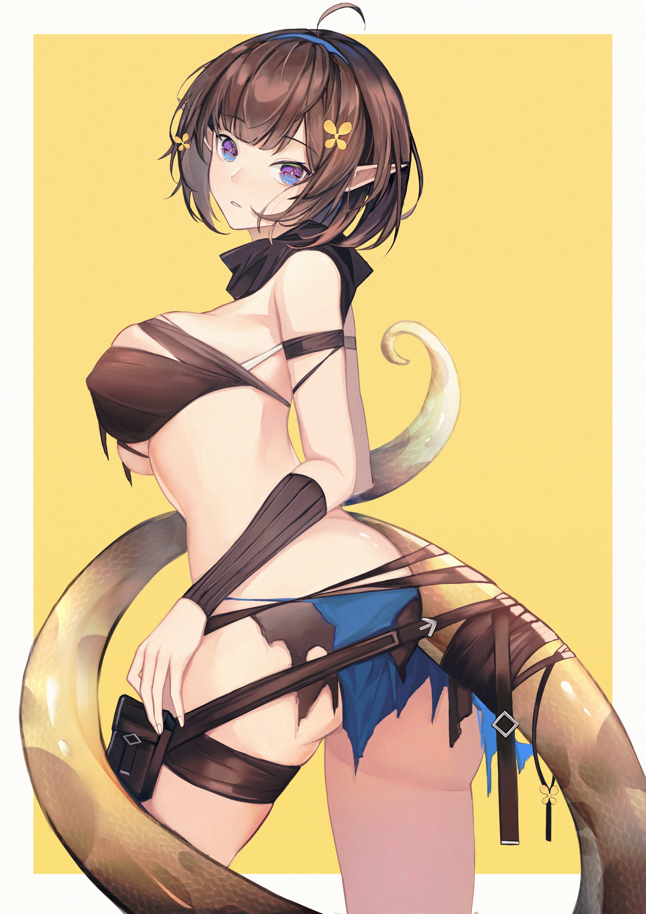 Anime 2480x3508 anime girls Arknights Eunectes (Arknights) pointy ears tail anime big boobs bottomless torn clothes brunette blue eyes