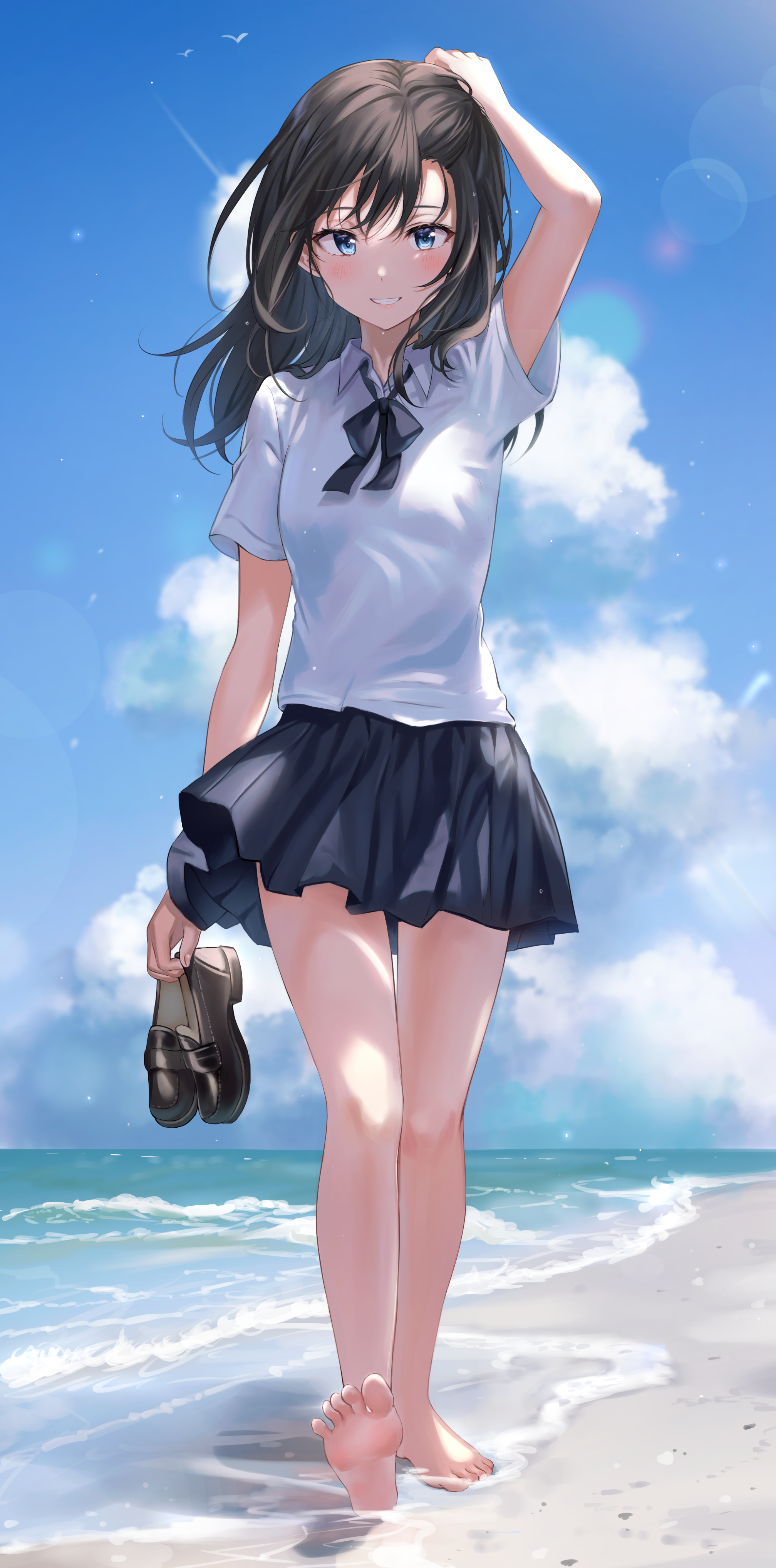 Anime 2015x4074 anime anime girls Tokkyu (artista) school uniform barefoot feet beach blushing smiling blue eyes dark hair portrait display artwork