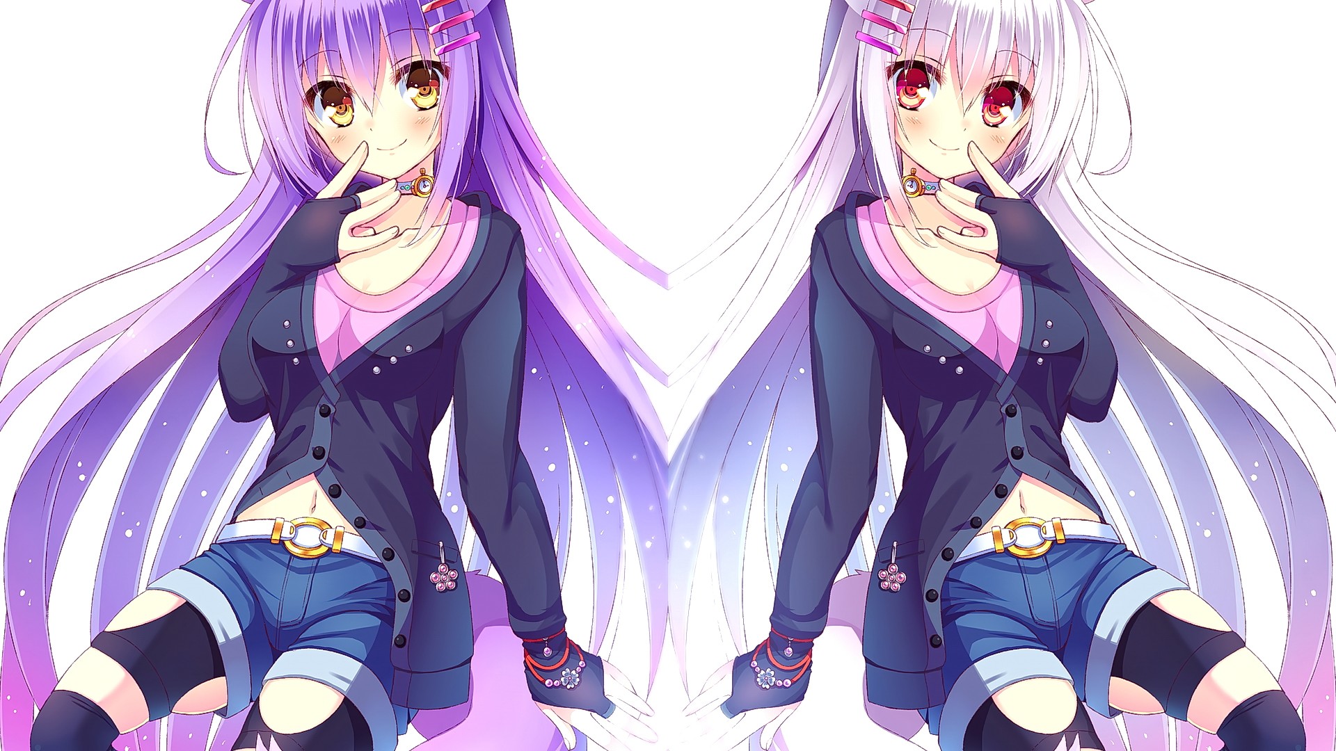 Anime 1920x1080 anime anime girls original characters thigh-highs purple hair long hair twins white background simple background two women smiling
