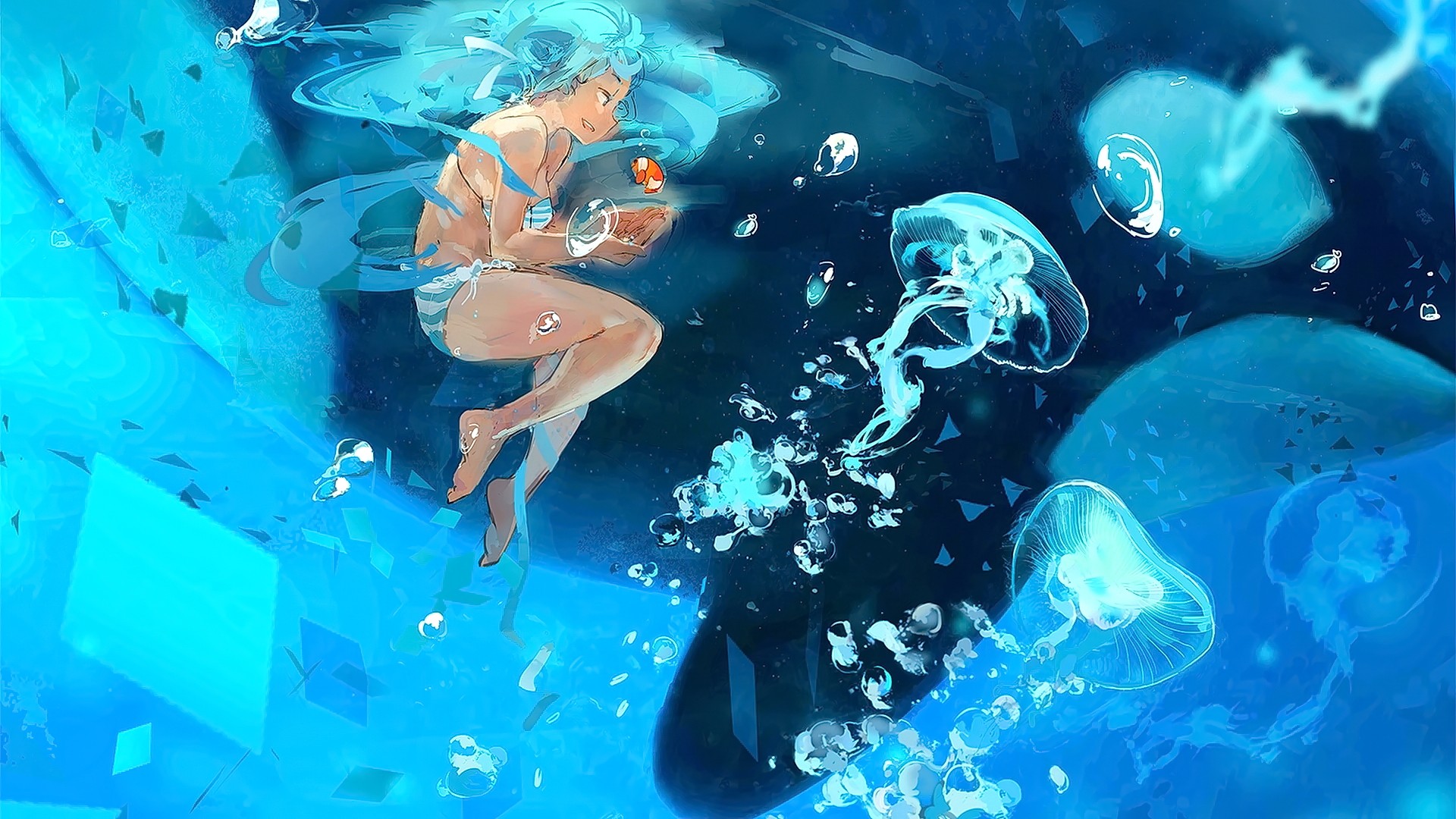 Anime 1920x1080 anime anime girls Hatsune Miku Vocaloid underwater jellyfish cyan bikini striped bikini swimwear animals