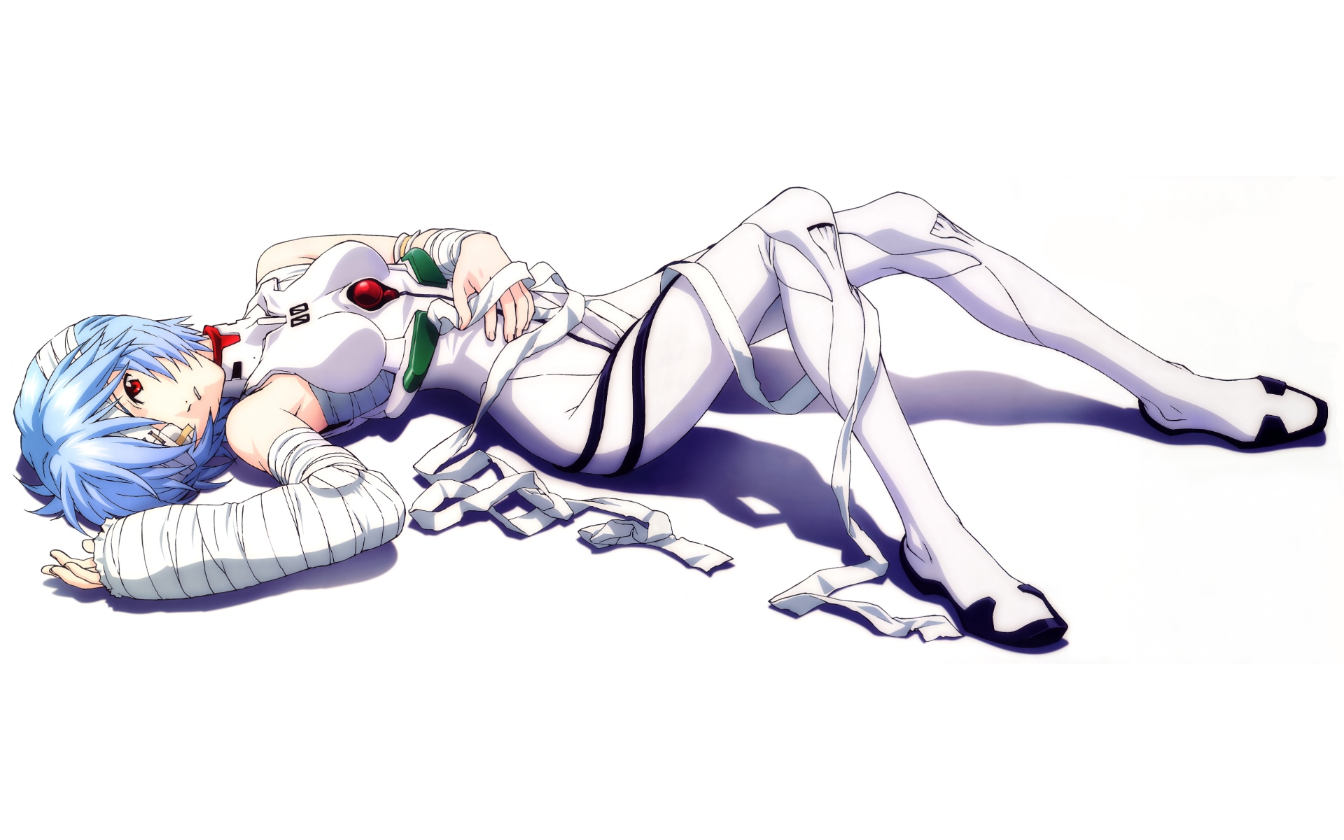 Anime 1920x1200 Ayanami Rei Neon Genesis Evangelion anime girls anime lying down thighs legs red eyes eyepatches white background simple background bandages