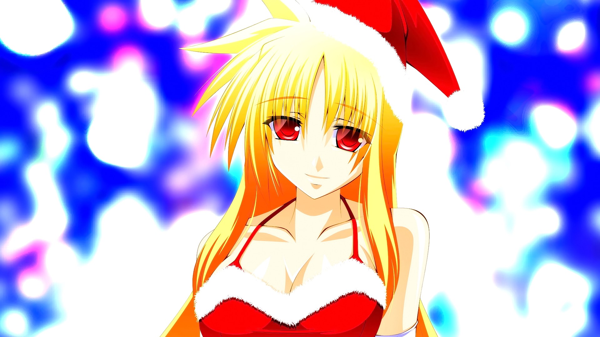 Anime 1920x1080 anime anime girls Fate Testarossa red eyes Christmas Mahou Shoujo Lyrical Nanoha Santa hats Santa costume blonde long hair