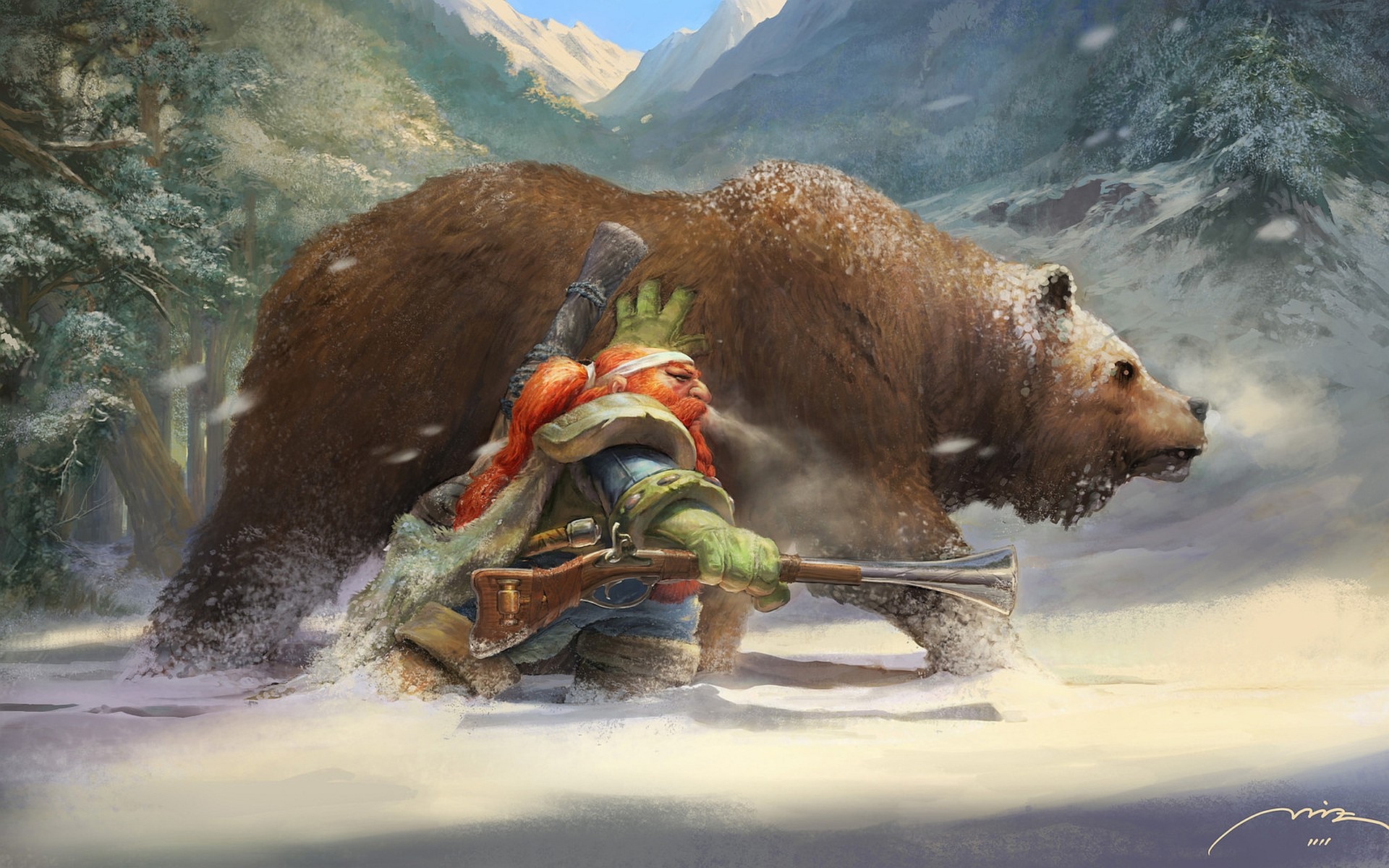 General 1920x1200 World of Warcraft dwarf hunter redhead brown bear PC gaming video game art fantasy art bears animals snow rifles mammals digital art watermarked