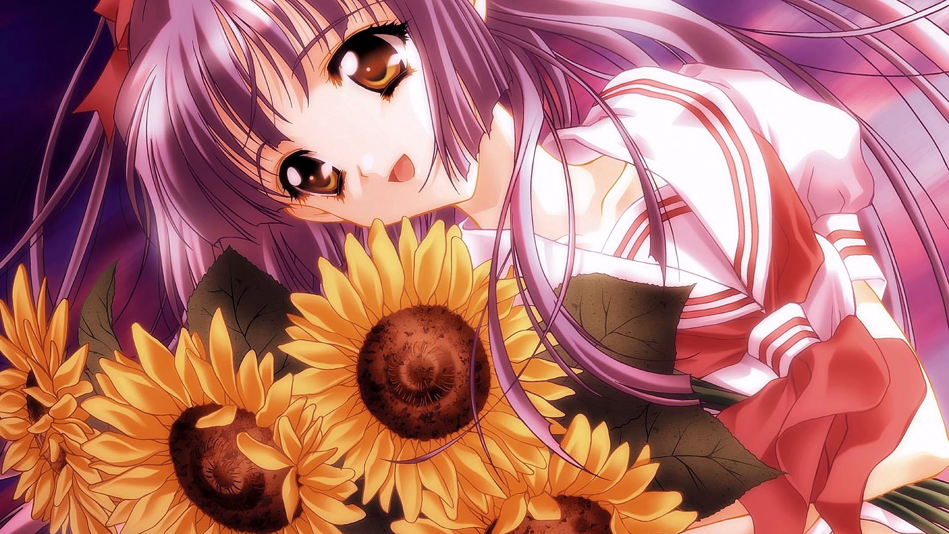 Anime 1920x1080 anime anime girls sunflowers flowers purple hair plants pink hair long hair