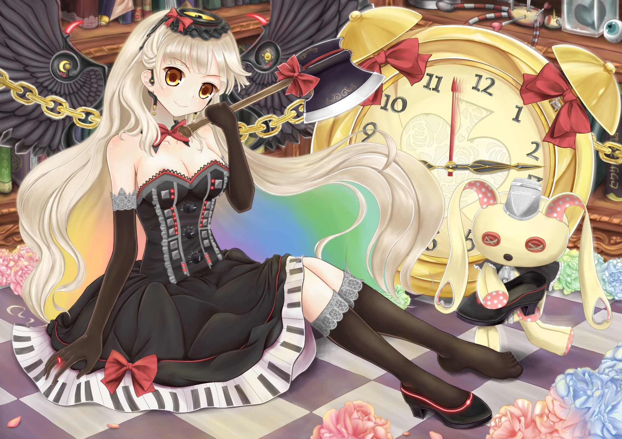 Anime 2153x1520 anime anime girls long hair Vocaloid Mayu (Vocaloid) wings dress Pixiv clocks numbers smiling