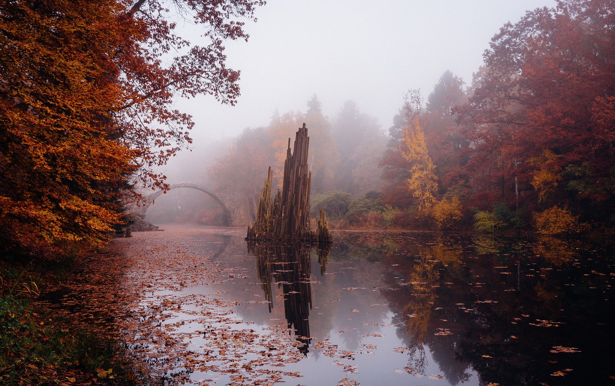 General 2027x1272 landscape river bridge mist fall fallen leaves red leaves nature reflection
