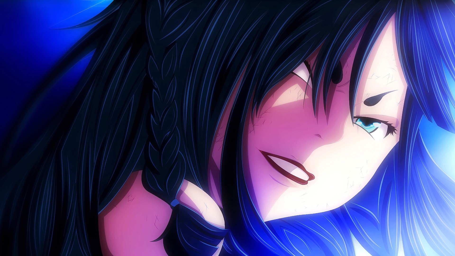 Anime 1920x1080 anime anime girls Fairy Tail long hair angry face closeup red lipstick aqua eyes blue hair looking at viewer