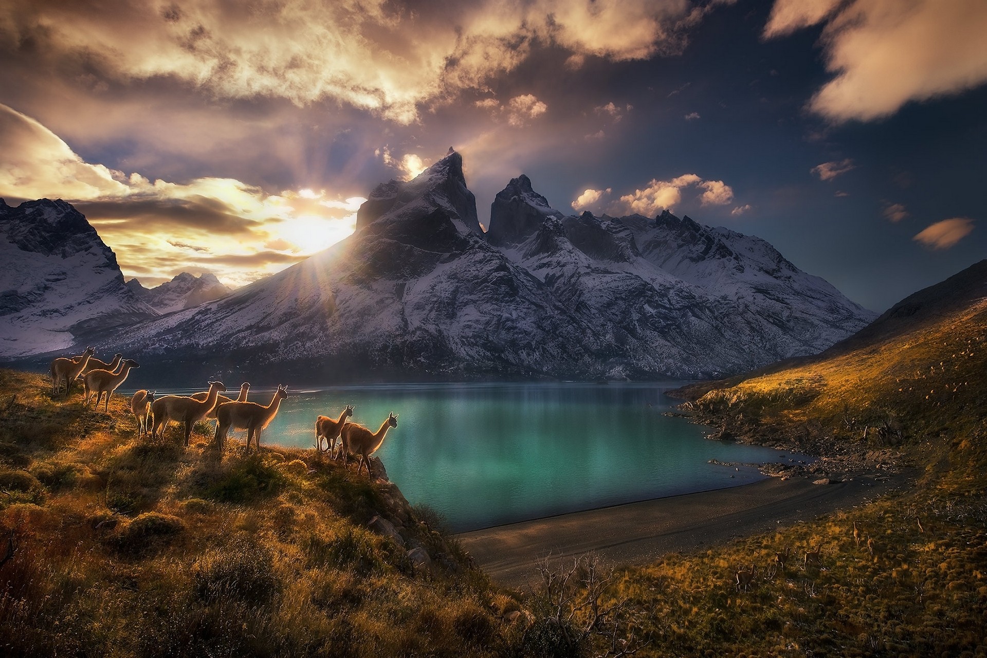 General 1920x1280 nature landscape photography lake mountains sunset dry grass sky clouds sunlight Torres del Paine Chile South America Patagonia