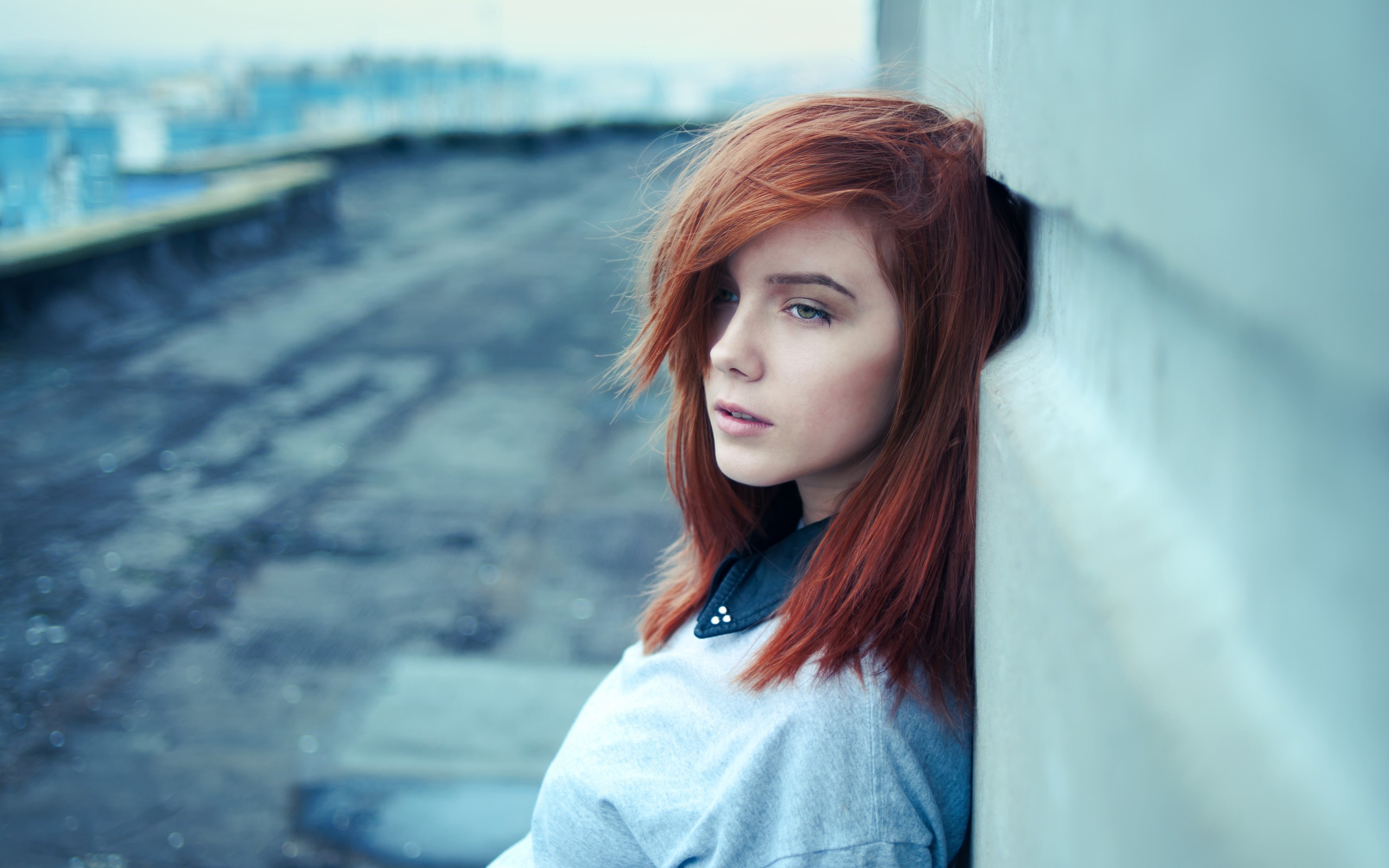 People 2560x1600 women redhead looking away face hair in face women outdoors urban portrait dyed hair