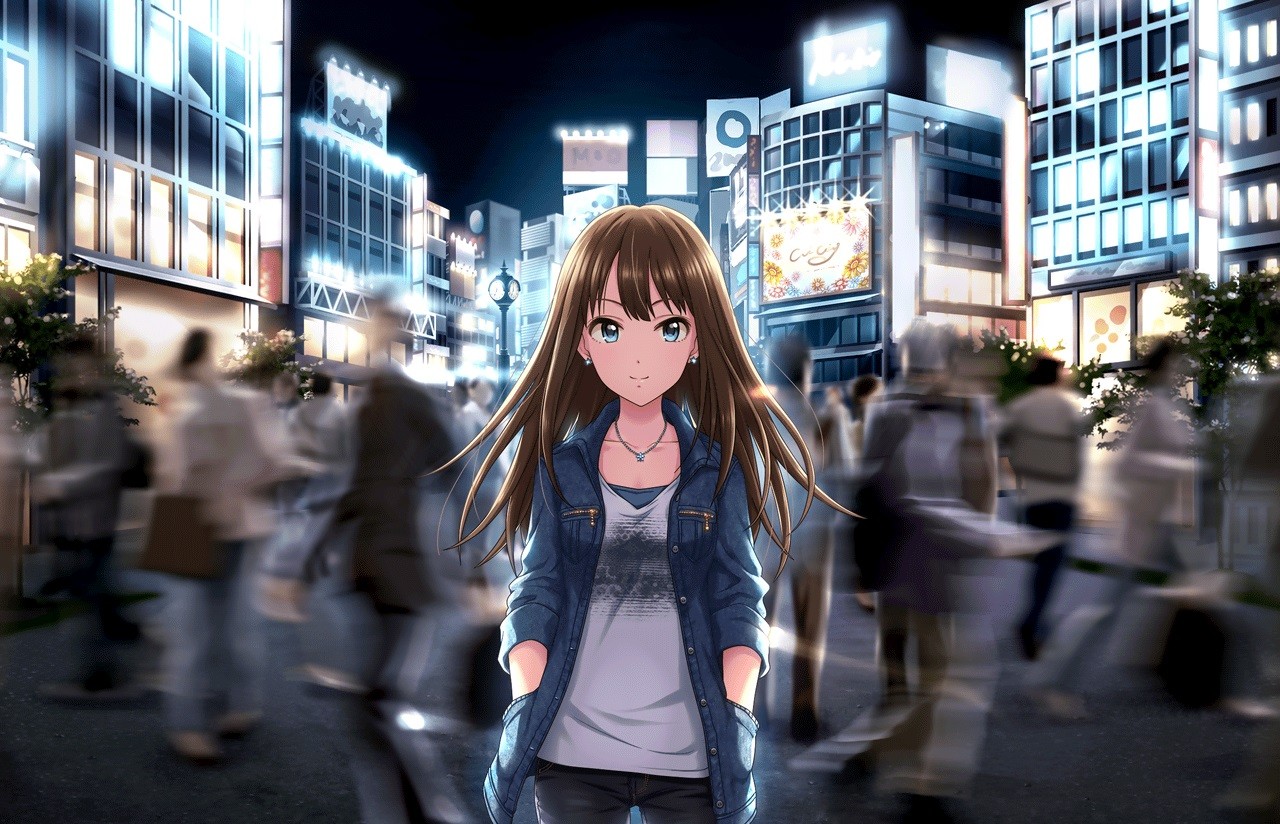 Anime 1280x824 THE iDOLM@STER THE iDOLM@STER: Cinderella Girls Shibuya Rin anime girls brunette women outdoors people urban anime necklace long hair standing looking at viewer
