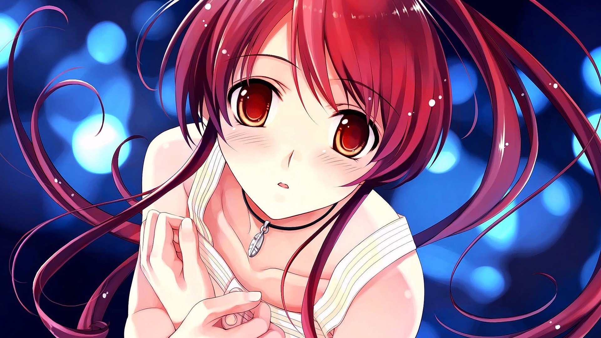 Anime 1920x1080 anime girls anime redhead red eyes necklace face Misaki Kurehito Deep Blue Sky & Pure White Wings Miyamae Tomoka