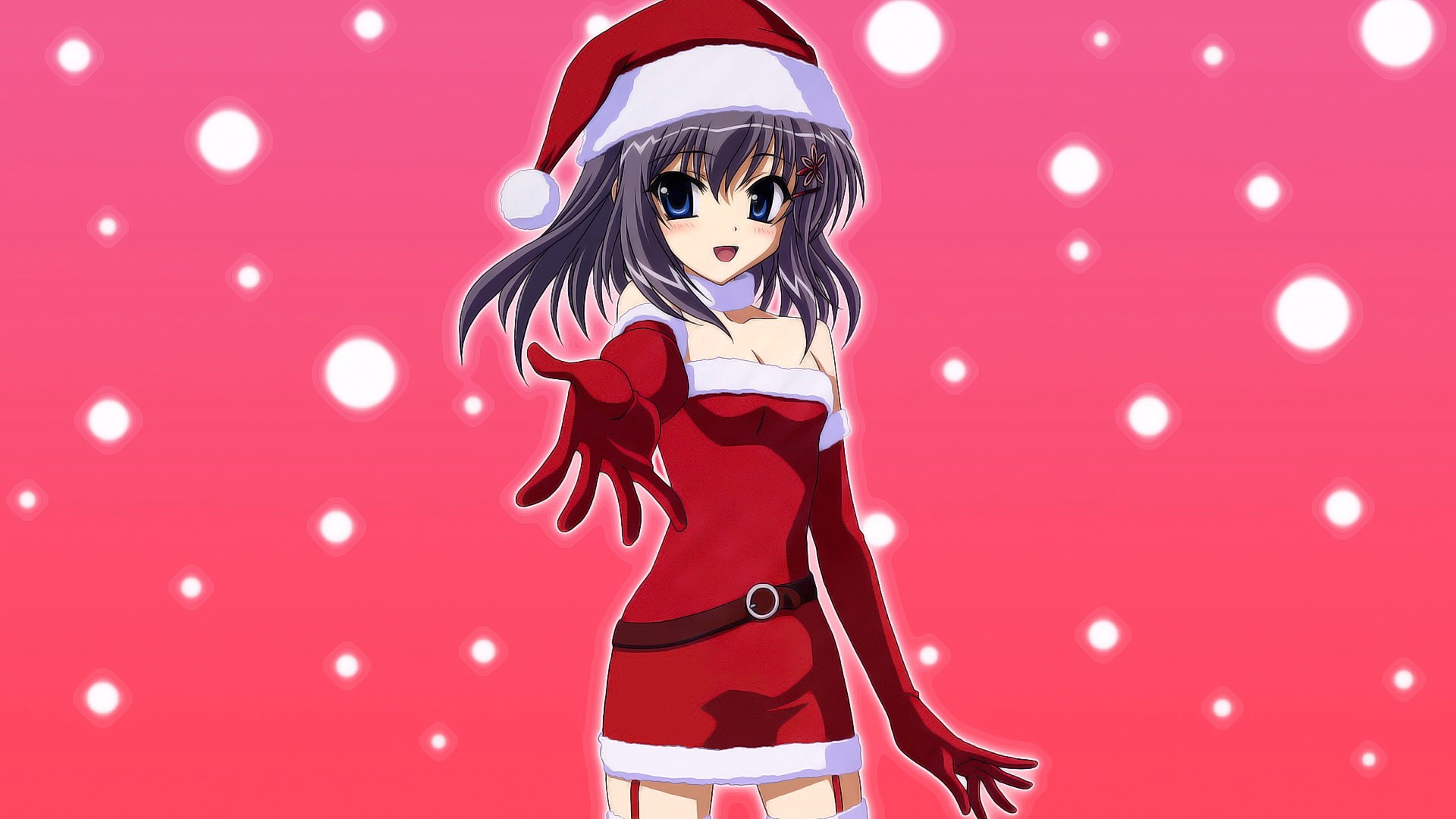 Anime 1920x1080 anime anime girls Katagiri Yuuhi hat brunette long hair eyes Christmas open mouth blue eyes pink background Santa hats Santa costume