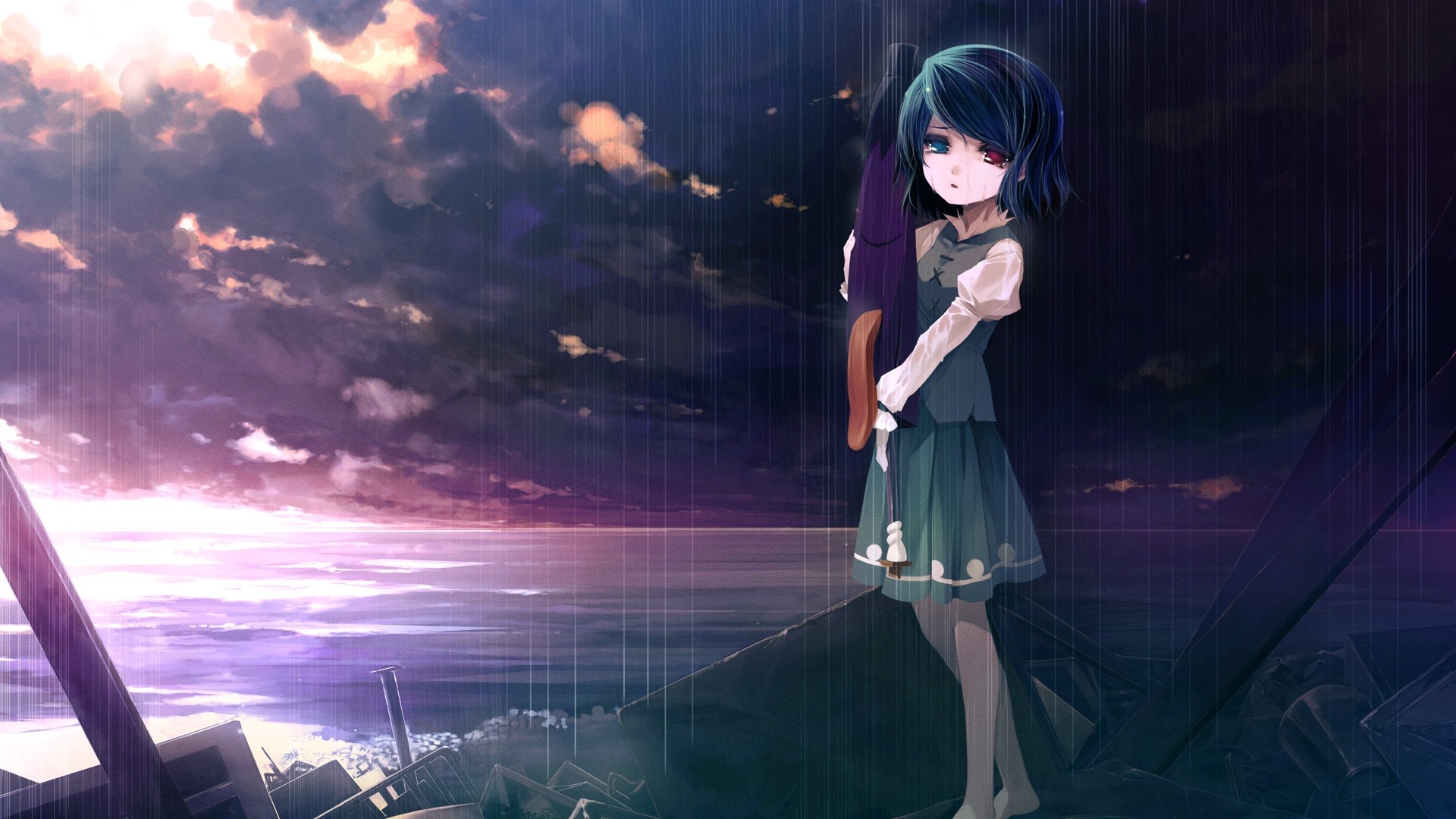 Anime 1920x1080 rain anime girls umbrella sky water anime women outdoors heterochromia clouds dress blue hair