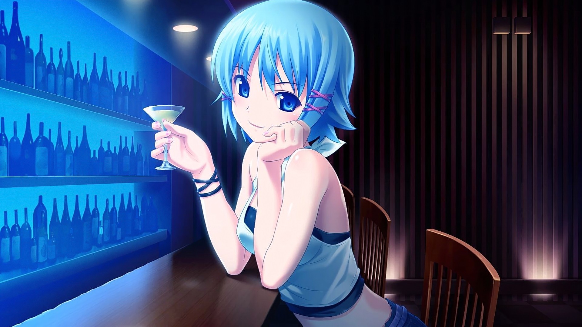 Anime 1920x1080 anime anime girls Tropical Kiss cyan hair cyan bar blue hair women indoors smiling drinking glass bottles
