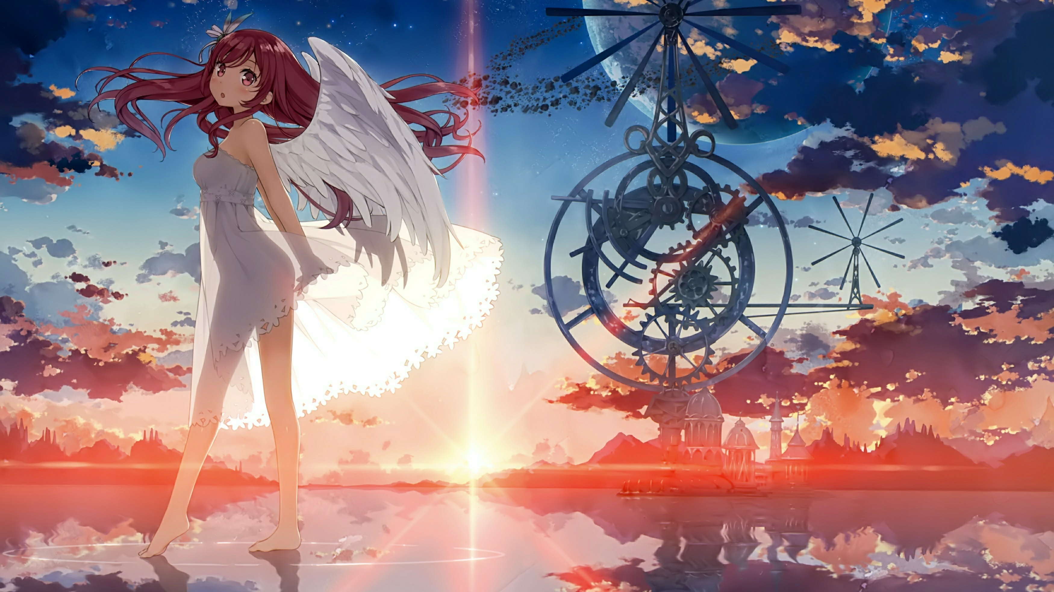 Anime 3500x1968 Kurumi (Kantoku) sunset anime girls anime standing legs sky wings barefoot dress redhead red eyes Kantoku