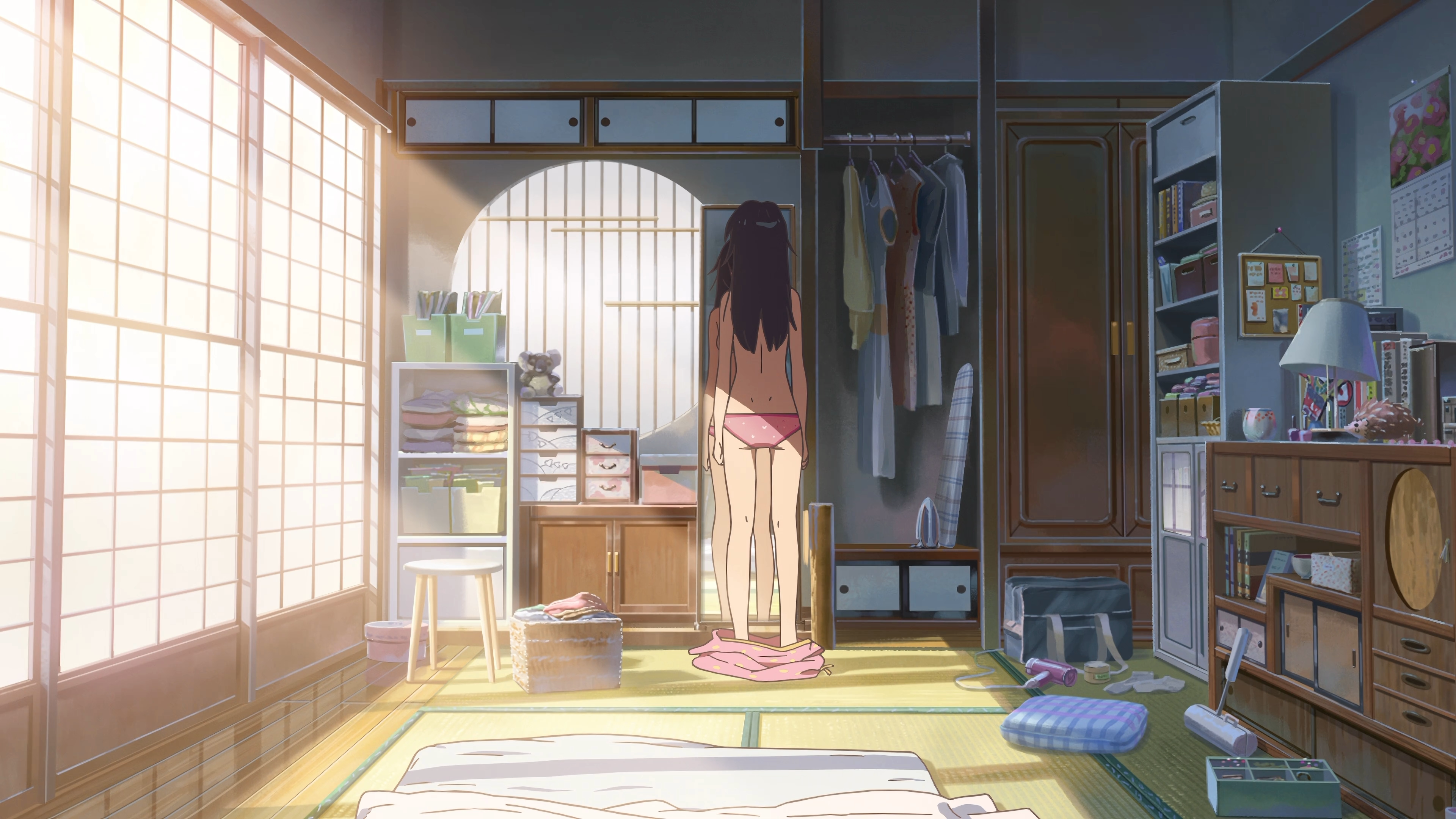 Anime 3840x2160 Makoto Shinkai  anime women panties long hair room wardrobe mirror legs topless sun rays lamp stools clothes