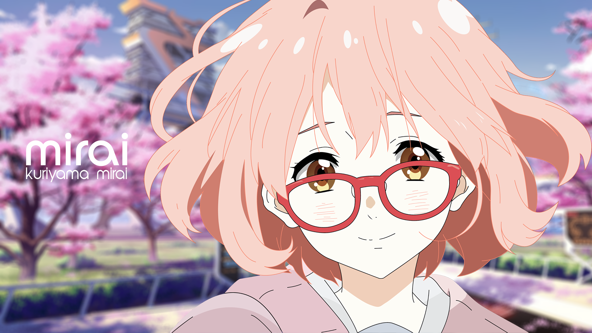 short hair, women with glasses, Kyoukai no Kanata, anime girls, Kuriyama  Mirai, fan art, 2D, cherry trees, CGI, brown eyes, cherry blossom