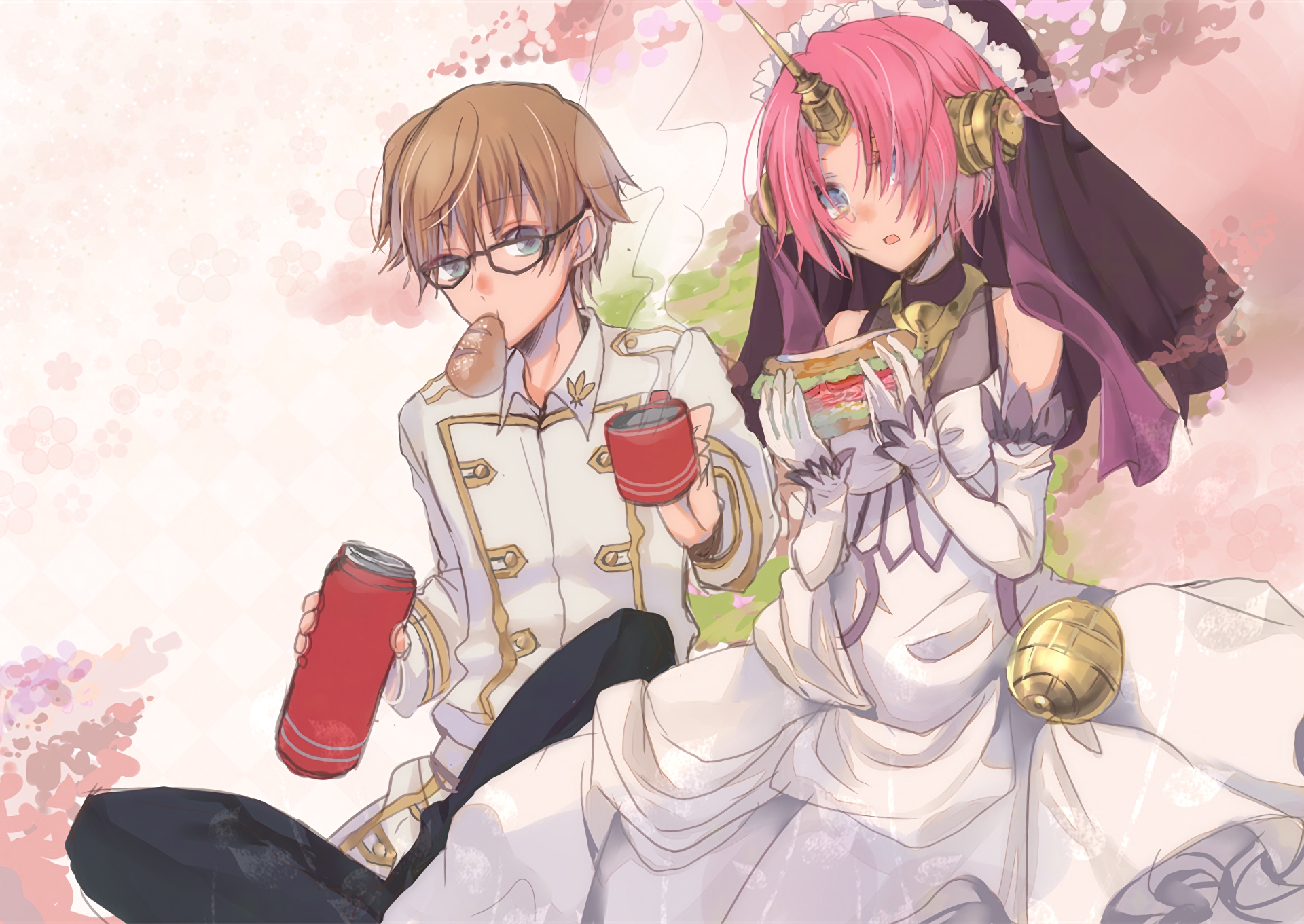 Anime 1920x1361 Fate series Fate/Apocrypha  Fate/Grand Order wedding dress anime girls anime boys sandwiches small boobs blue eyes men with glasses 2D women outdoors men outdoors anime monster girl anime girls eating bangs detached sleeves Frankenstein (Fate/Apocrypha) Caules Forvedge Yggdmillennia short hair pink hair fan art sitting