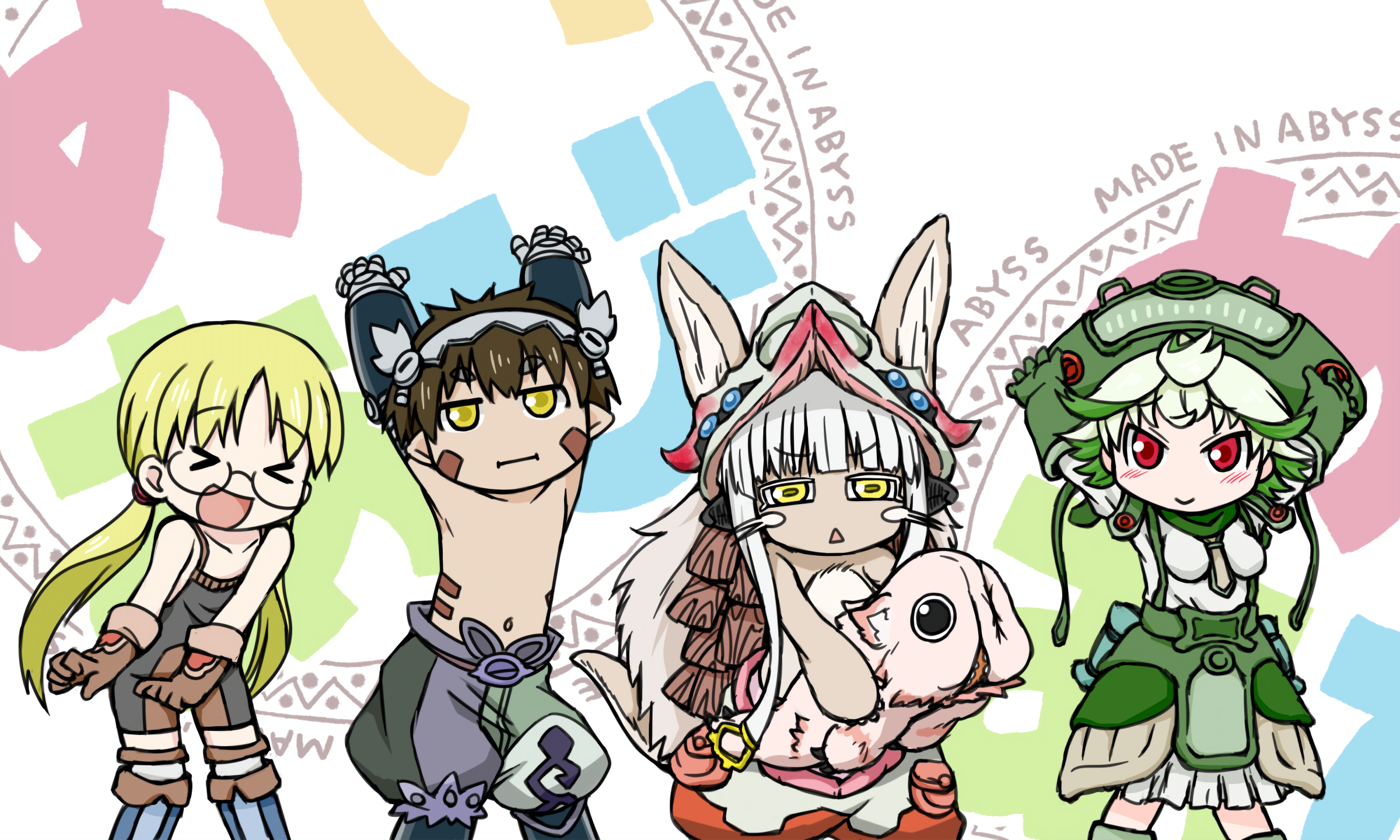 Anime 2400x1440 Made in Abyss Kono Subarashii Sekai ni Shukufuku wo! Riko (Made in Abyss) Regu (Made in Abyss) Nanachi (Made in Abyss) loli small boobs Mitty (Made in Abyss) anime girls anime boys parody 2D belly dancing bare shoulders chibi looking at viewer closed eyes meganekko blushing smiling open mouth crossover anime arms up red eyes yellow eyes short hair brunette white hair long hair multi-colored hair head tilt fan art blonde