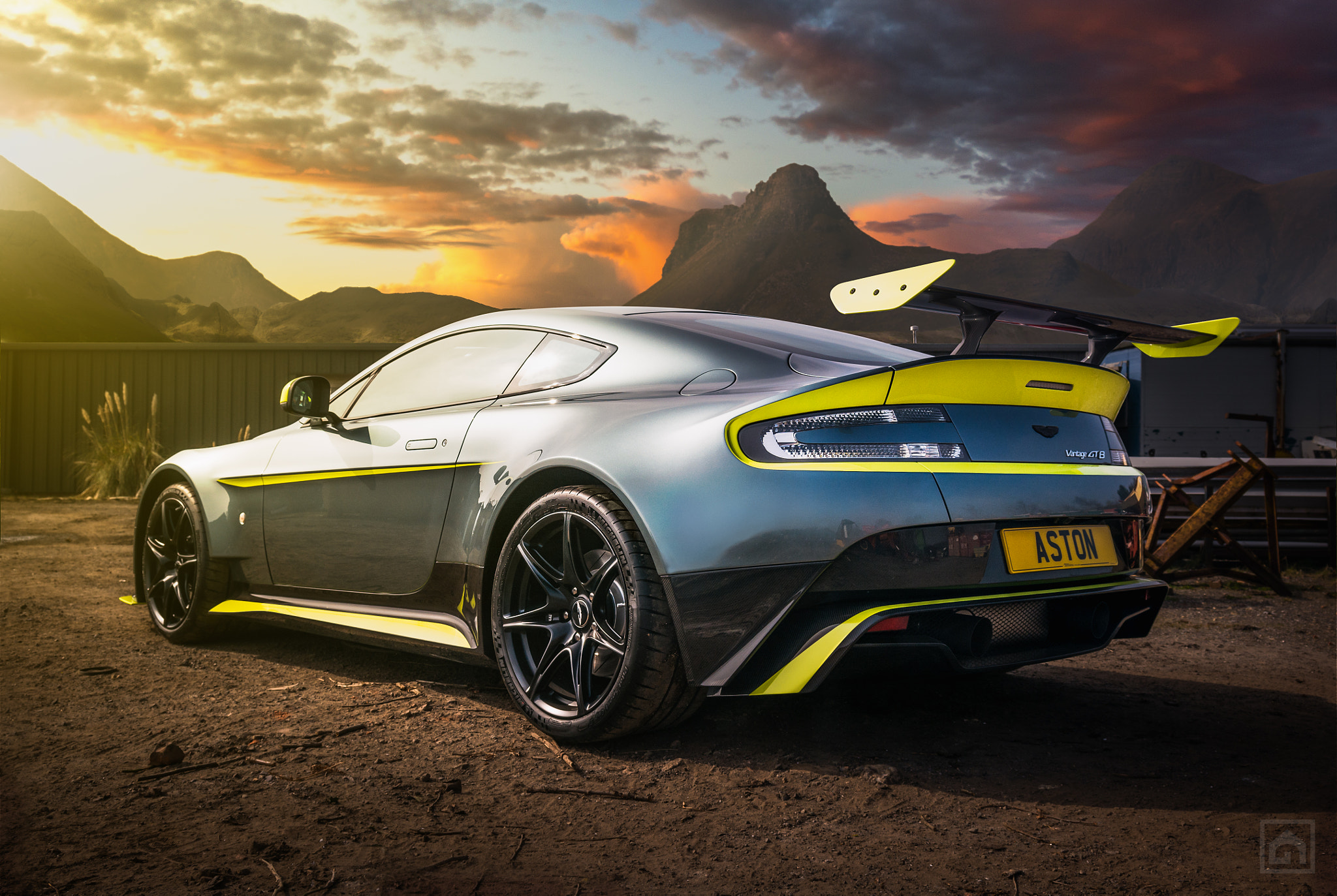General 2048x1373 Aston Martin car sky sunlight vehicle Aston Martin Vantage British cars Grand Tour 500px clouds sunset sunset glow mountains rear view licence plates watermarked