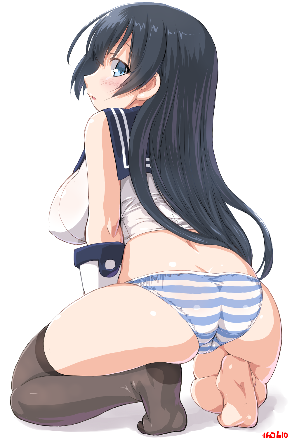 Anime 1000x1500 Agano (KanColle) Kantai Collection anime girls striped panties white background thigh-highs ass blue eyes missing sock rear view anime panties underwear boobs big boobs huge breasts long hair dark hair simple background