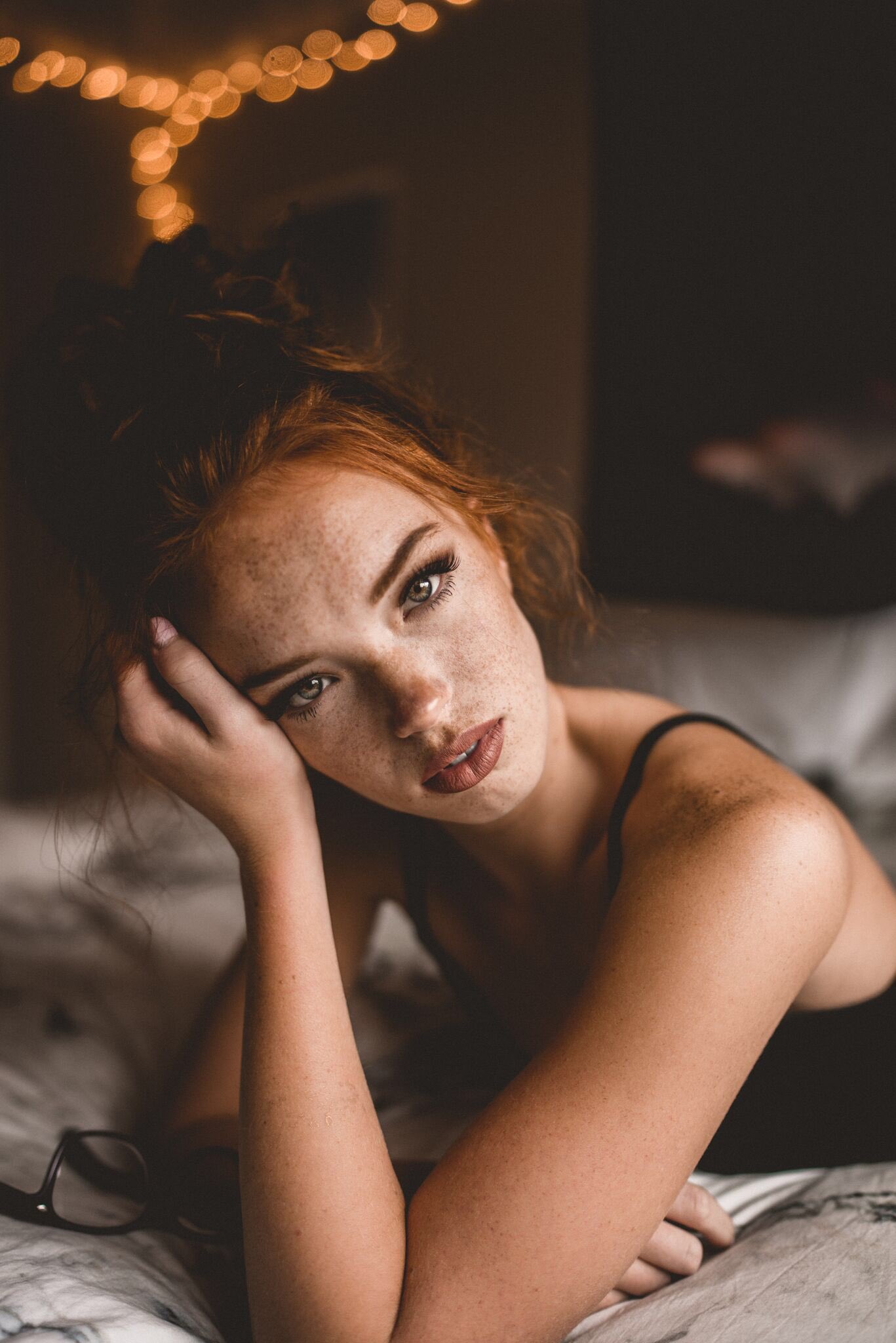 People 1367x2048 women model redhead long hair Riley Rasmussen freckles face looking at viewer portrait portrait display tank top in bed glasses bare shoulders