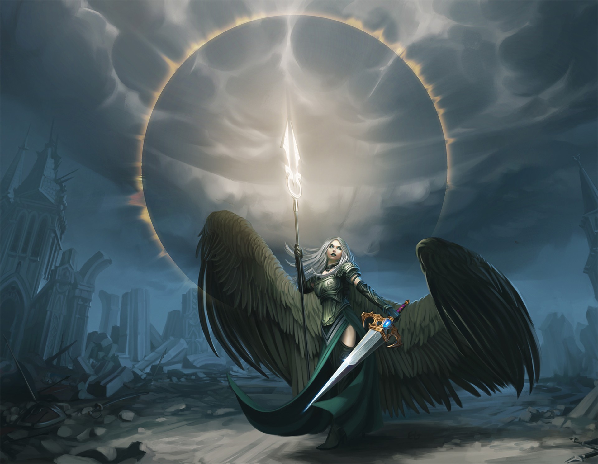 General 1920x1490 angel fantasy art artwork Magic: The Gathering Halo Avacyn Trading Card Games fantasy girl women wings staff sword women with swords
