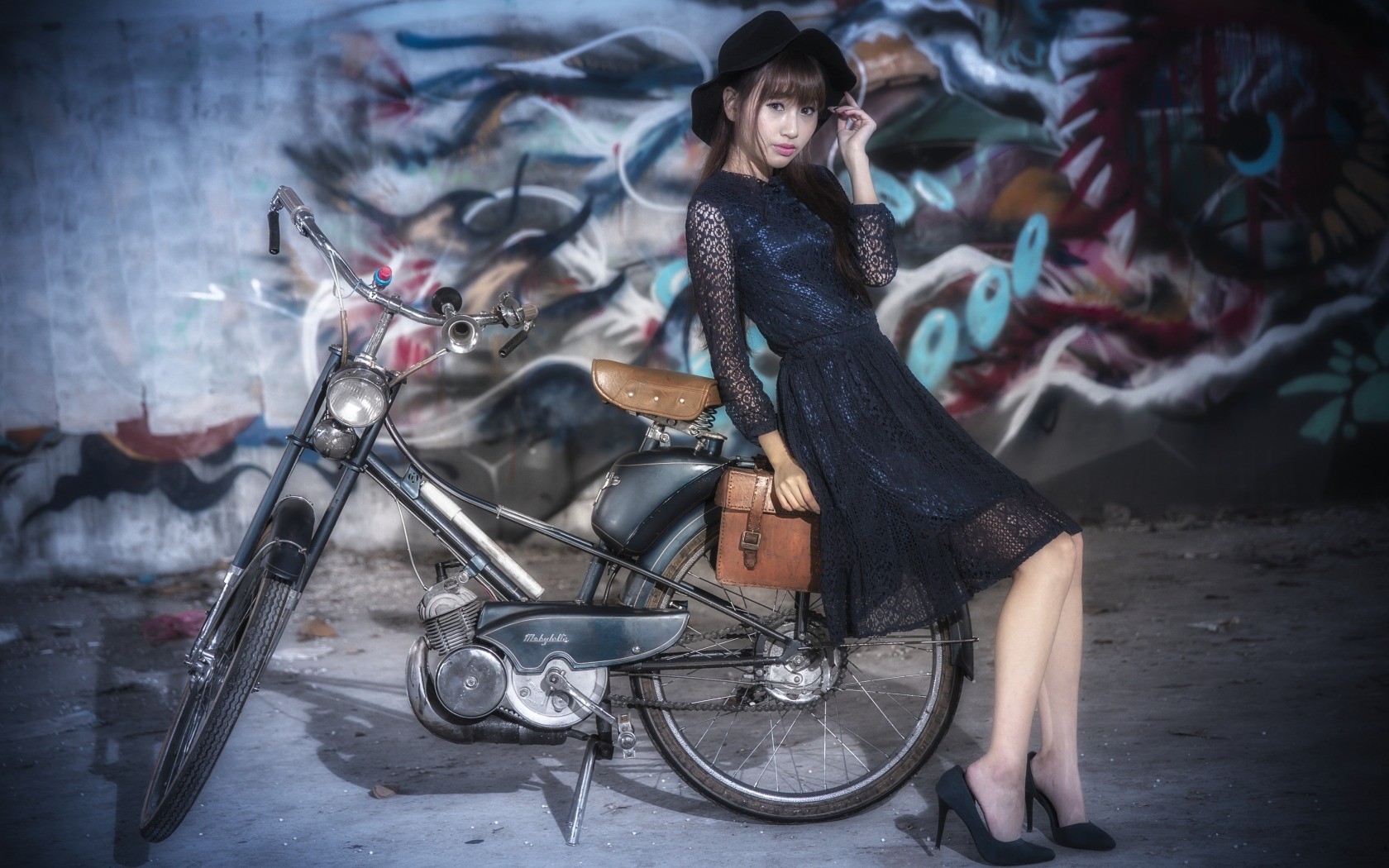 People 1680x1050 bicycle Asian women model high heels women with bicycles hat women with hats heels dress vehicle
