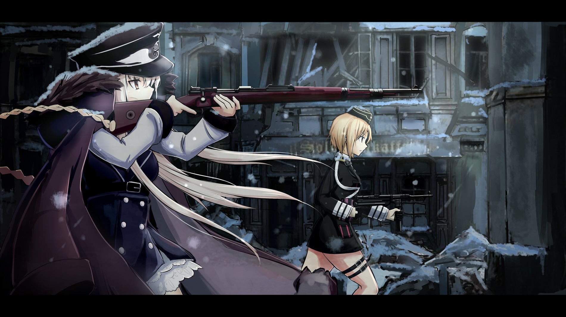 Anime 1900x1064 anime anime girls gun weapon Girls Frontline girls with guns rifles aiming machine gun two women hat women with hats