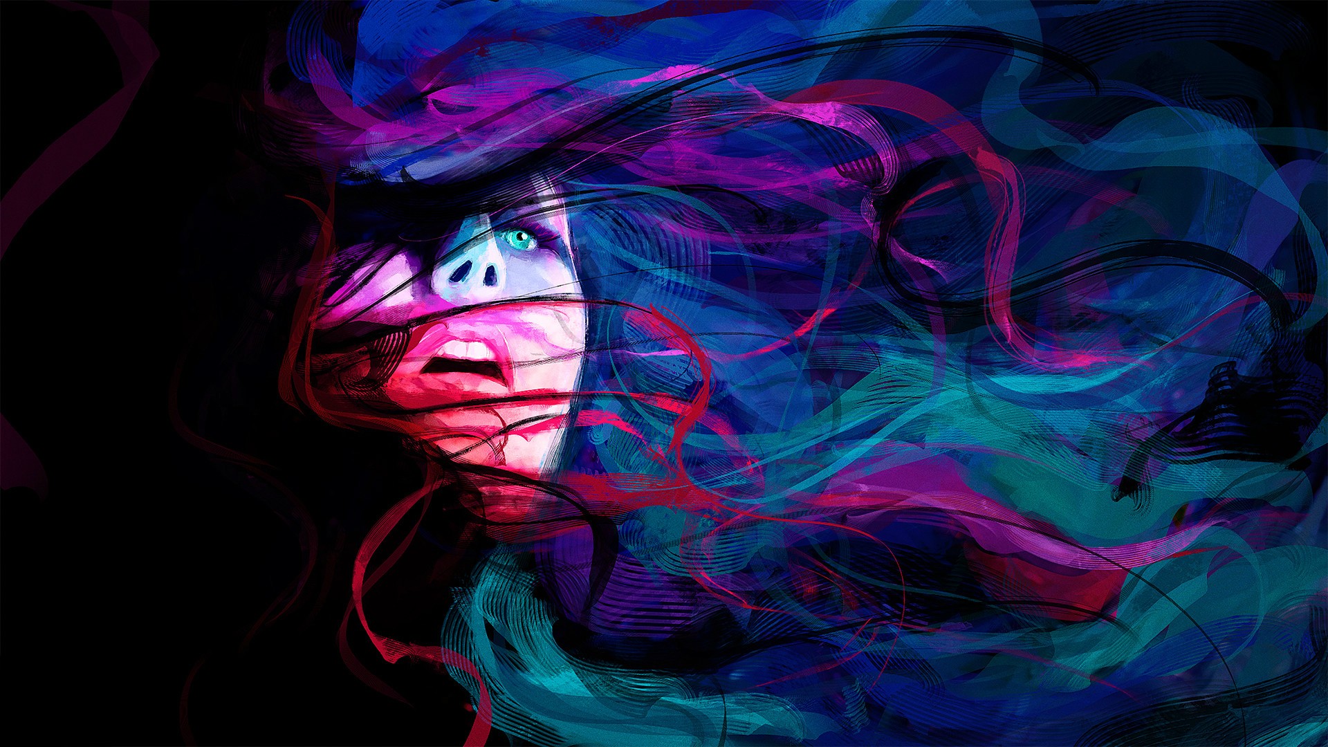 General 1920x1080 abstract digital art artwork red pink violet blue women open mouth blue eyes pink lipstick colorful face hair over one eye purple aqua eyes
