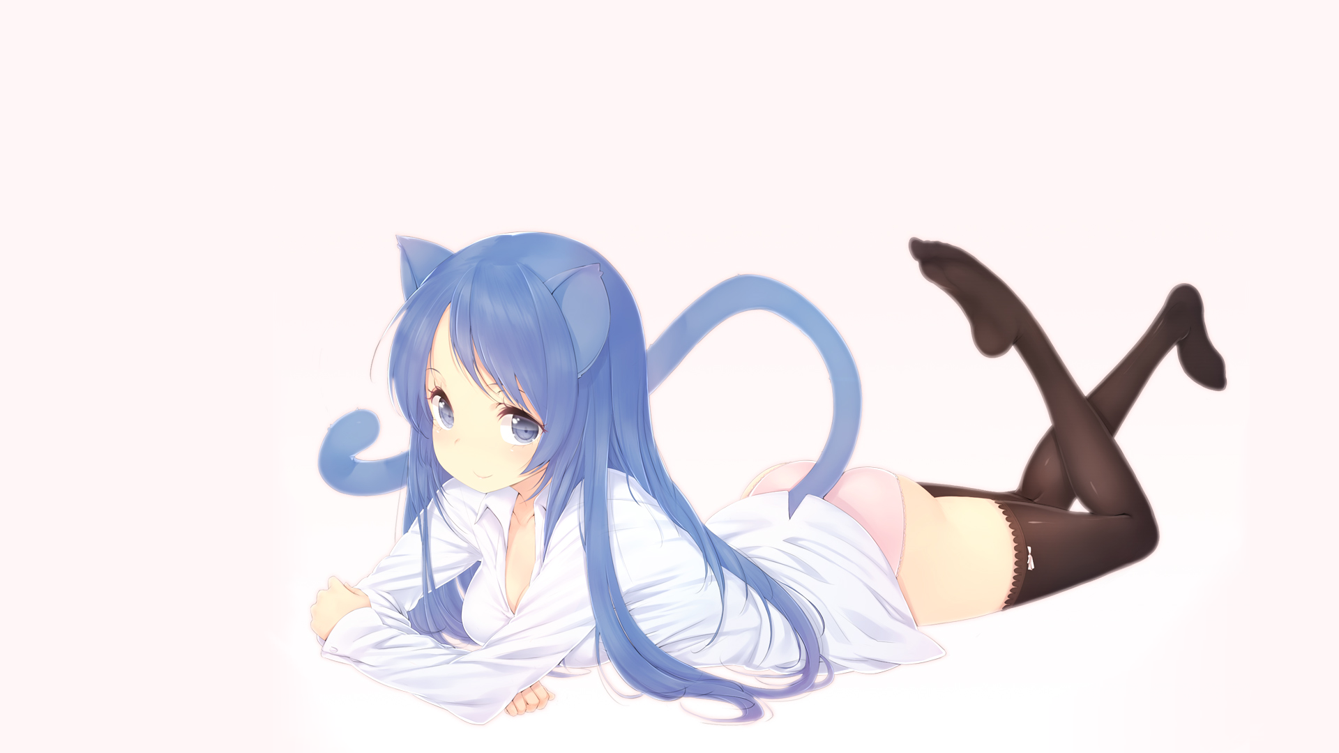 Anime 1920x1080 anime anime girls cat girl original characters thigh-highs lying on front white background simple background stockings black stockings long hair tail legs animal ears
