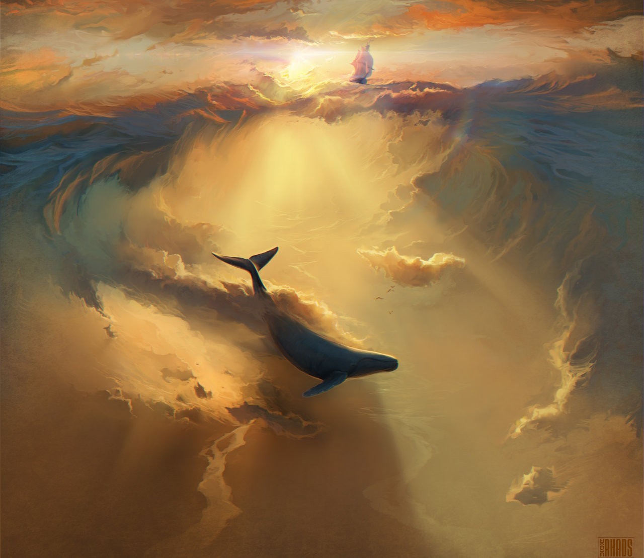General 1280x1109 digital art drawing sky flying ship flying whales whale fantasy art artwork