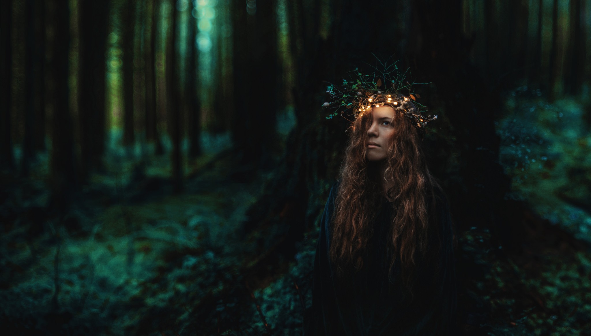 People 2048x1166 women forest curly hair crown dark deep forest women outdoors fantasy girl outdoors long hair trees model redhead plants