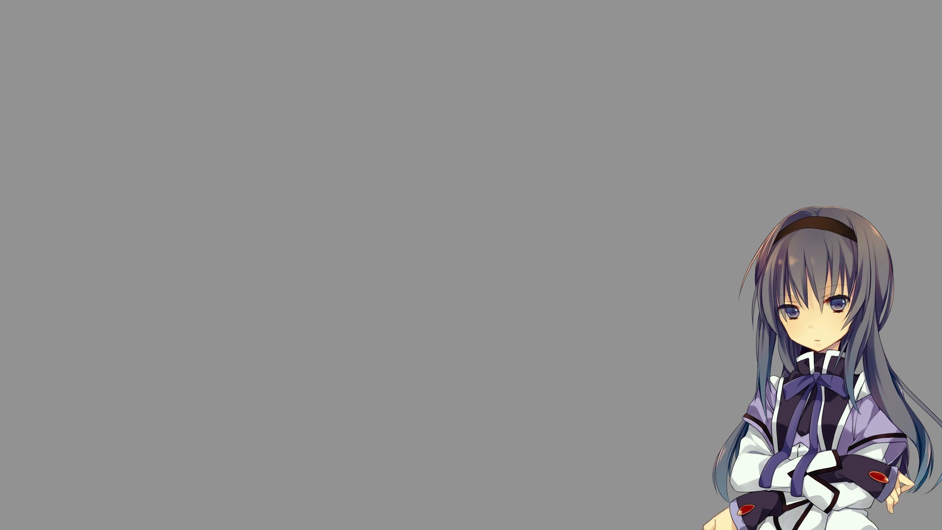 Anime 1920x1080 anime anime girls Mahou Shoujo Madoka Magica looking at viewer long hair arms crossed gray background minimalism simple background