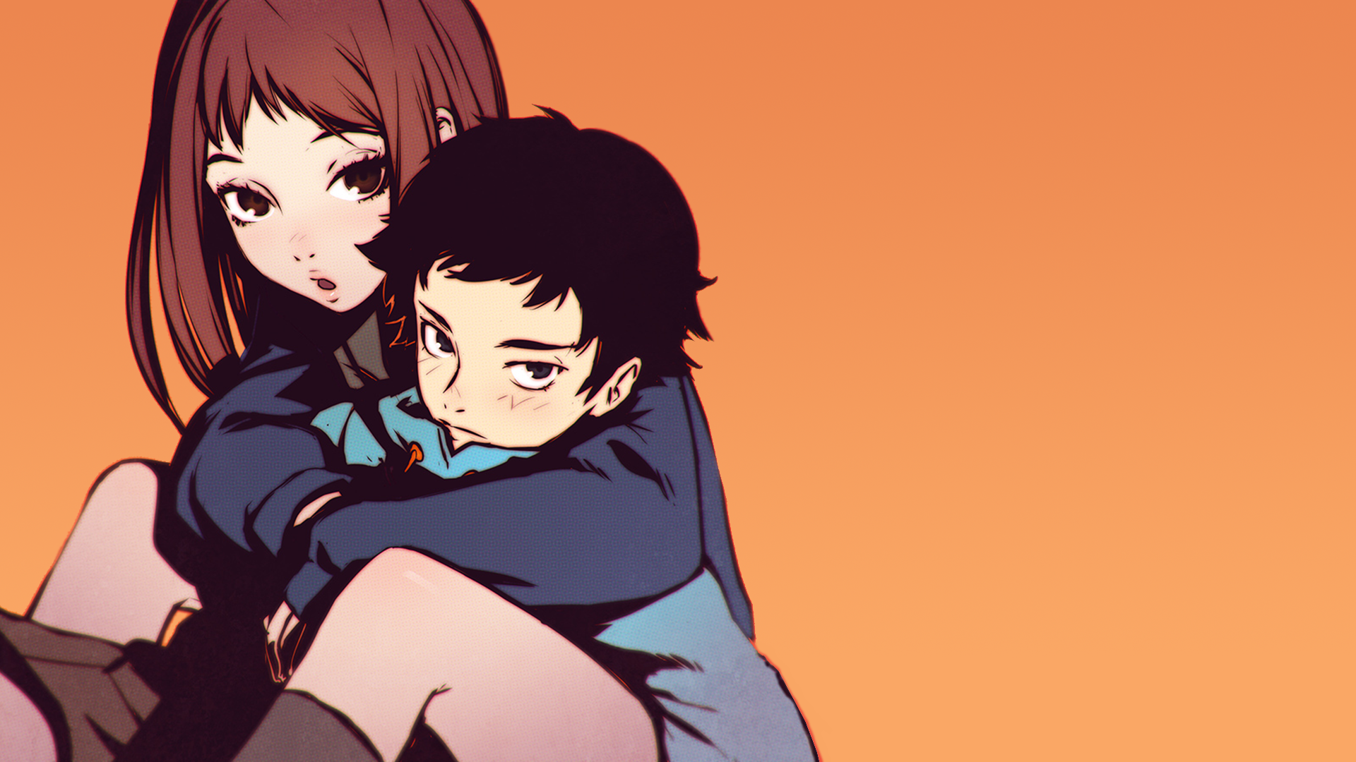 Anime 1920x1080 FLCL anime girls anime boys orange background anime looking at viewer