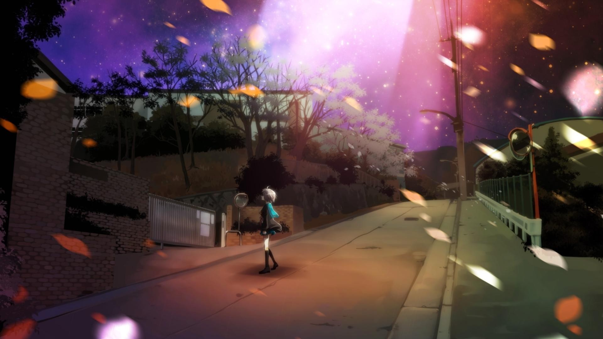 Anime 1920x1080 The Melancholy of Haruhi Suzumiya anime girls leaves urban street alone women outdoors
