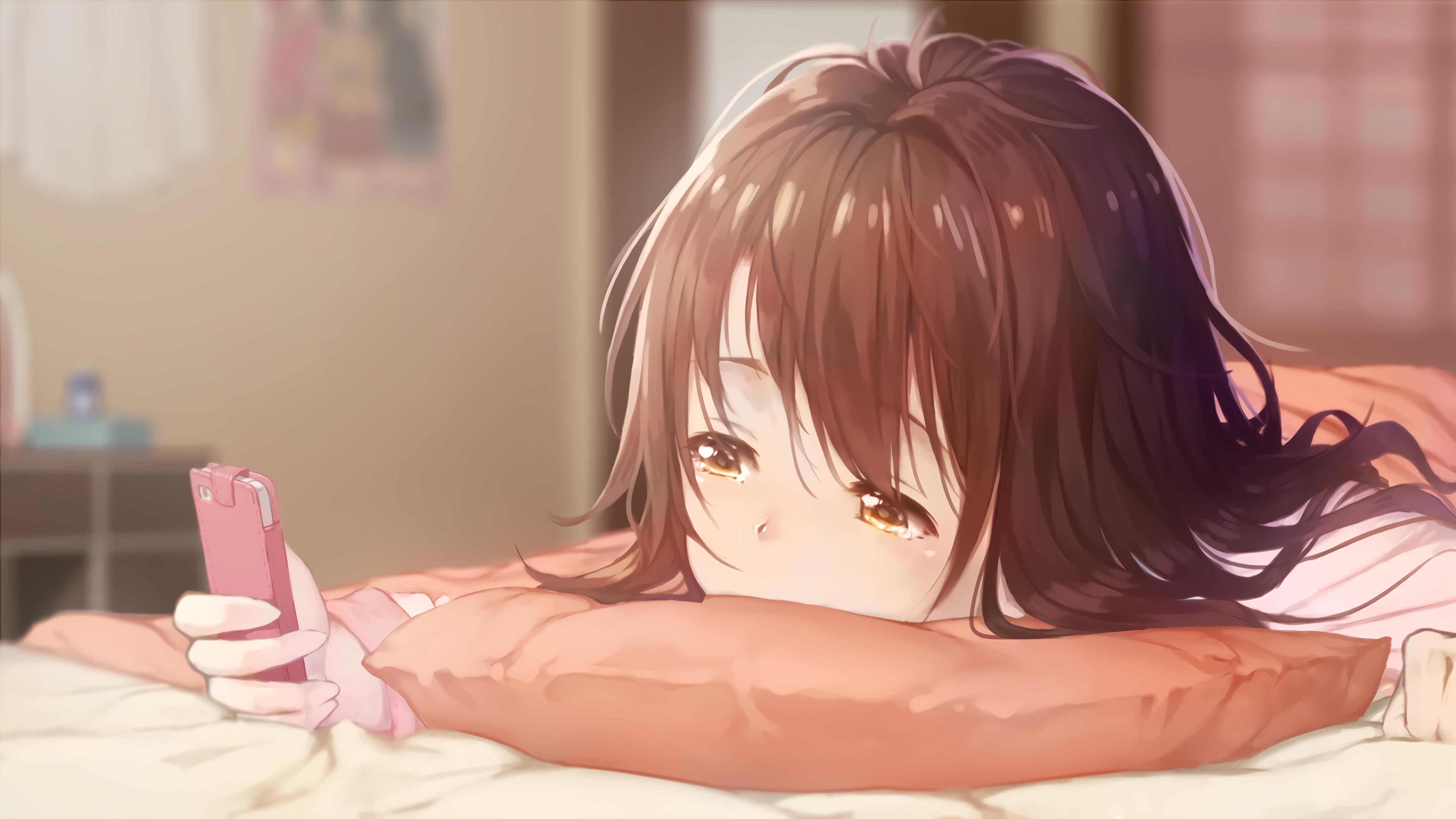 Anime 4267x2400 THE iDOLM@STER anime girls anime pillow smartphone brunette face hair in face women indoors