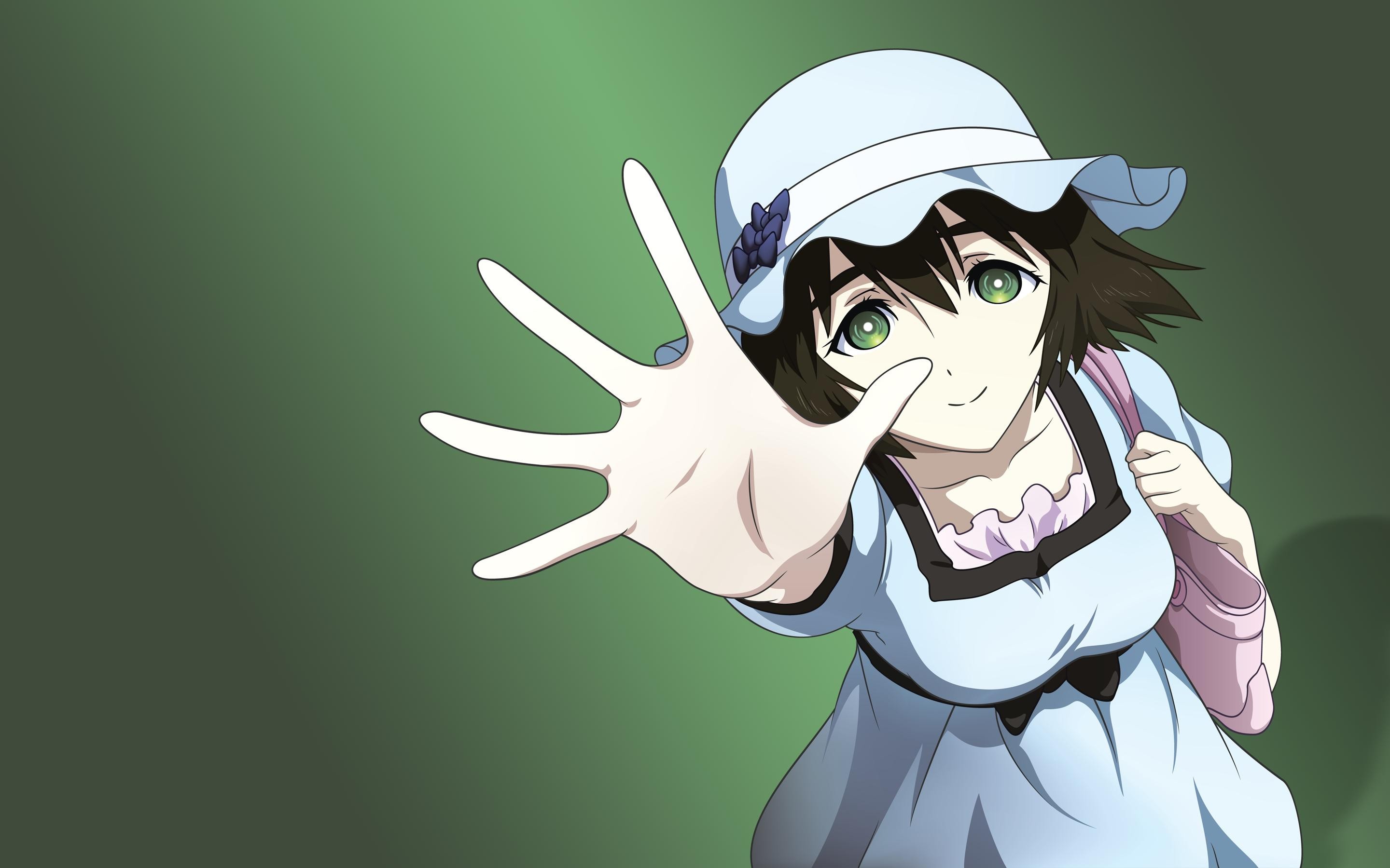 Anime 2880x1800 Steins;Gate simple background green eyes hands green background anime girls anime looking at viewer hat women with hats dress smiling brunette