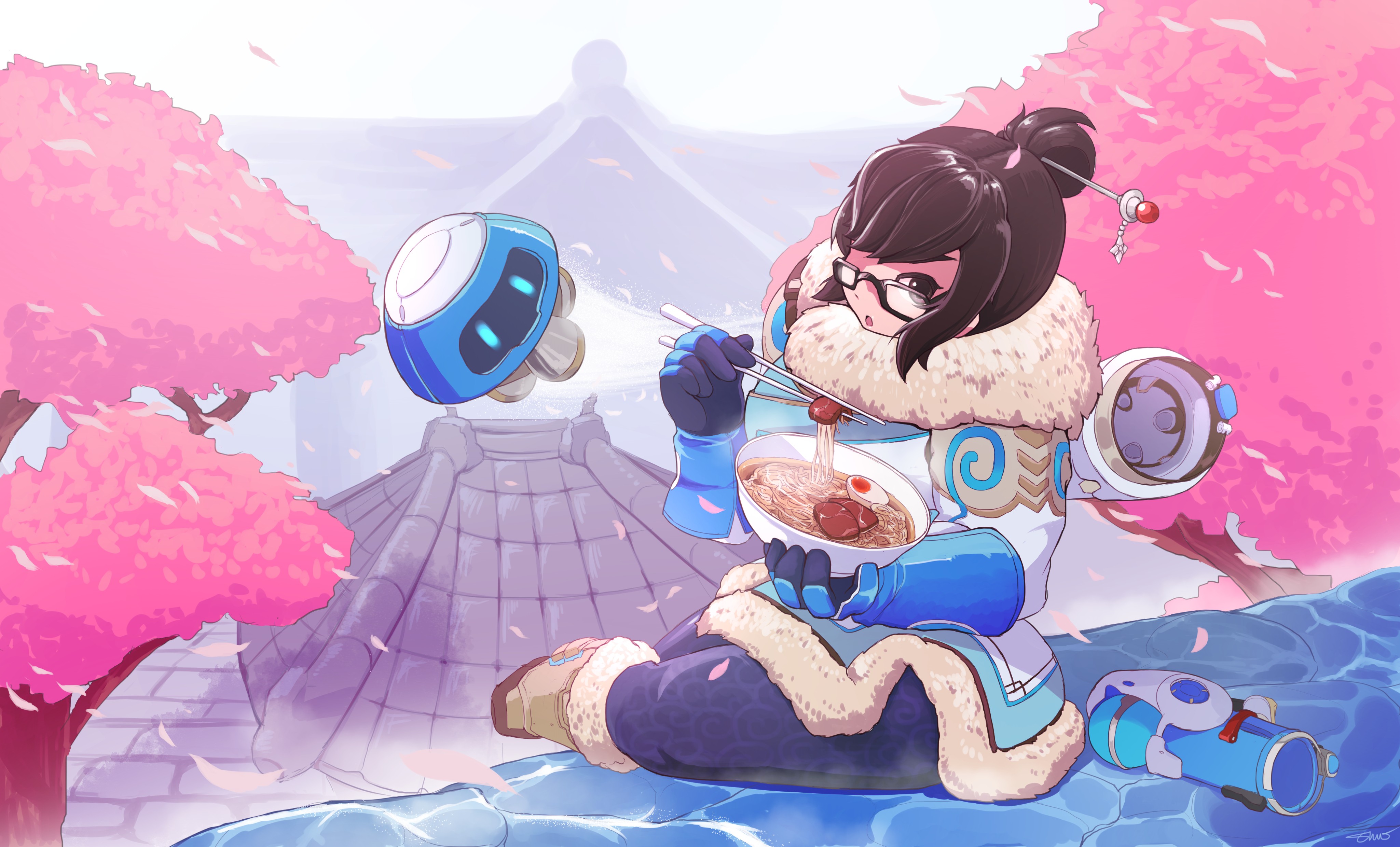 General 4098x2480 Blizzard Entertainment Overwatch Mei (Overwatch) video game characters food eating video game girls brunette PC gaming video game art women with glasses