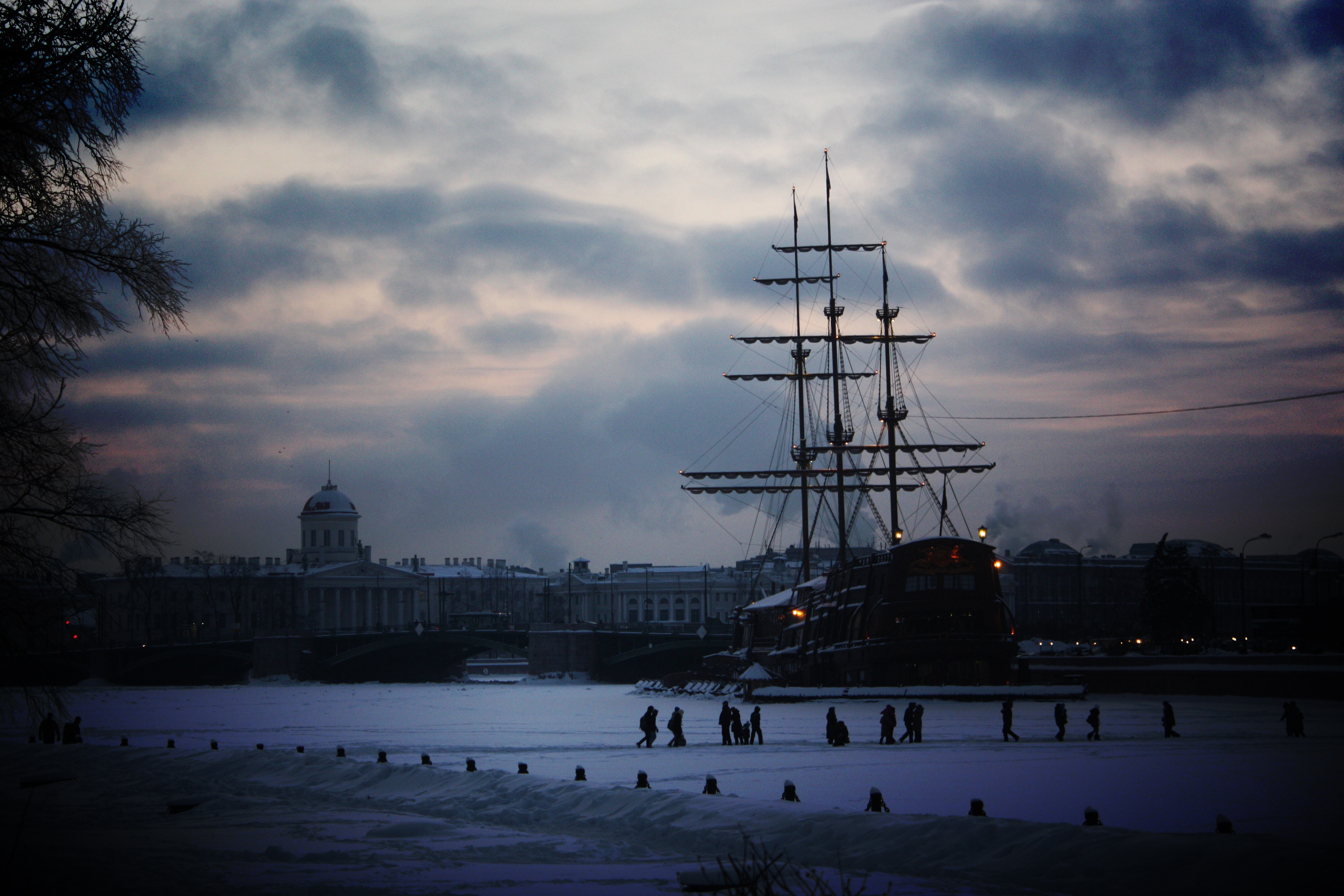General 4272x2848 sailing ship water sea St. Petersburg Russia river winter snow frozen river clouds people city lights cityscape evening old building walking architecture bridge rigging (ship) low light