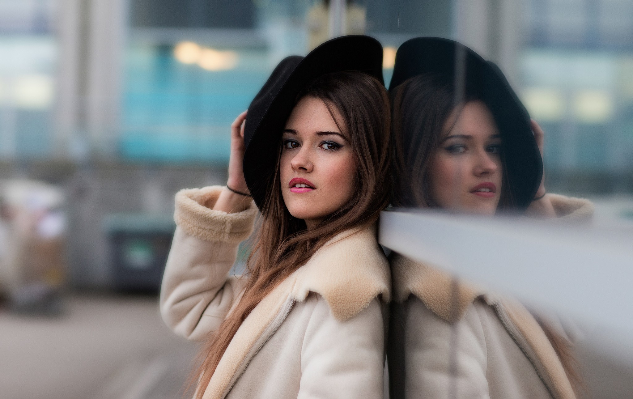 People 2048x1291 women model Joan Le Jan auburn hair looking at viewer depth of field hat face long hair millinery straight hair looking over shoulder brown eyes open mouth white coat coats pink lipstick reflection