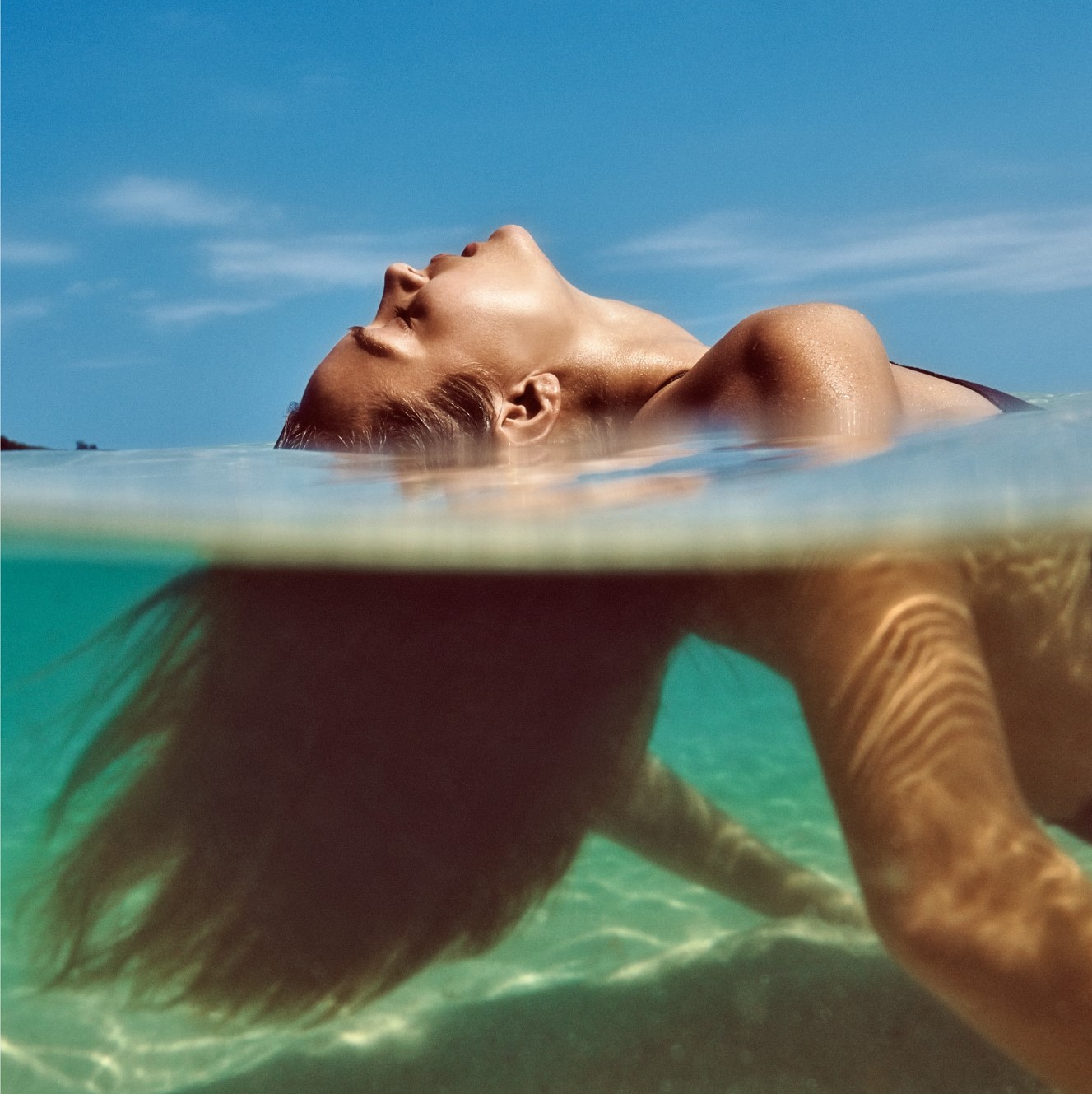 People 1327x1329 women model beach Josephine Skriver closed eyes underwater face women outdoors long hair profile in water water closeup portrait display