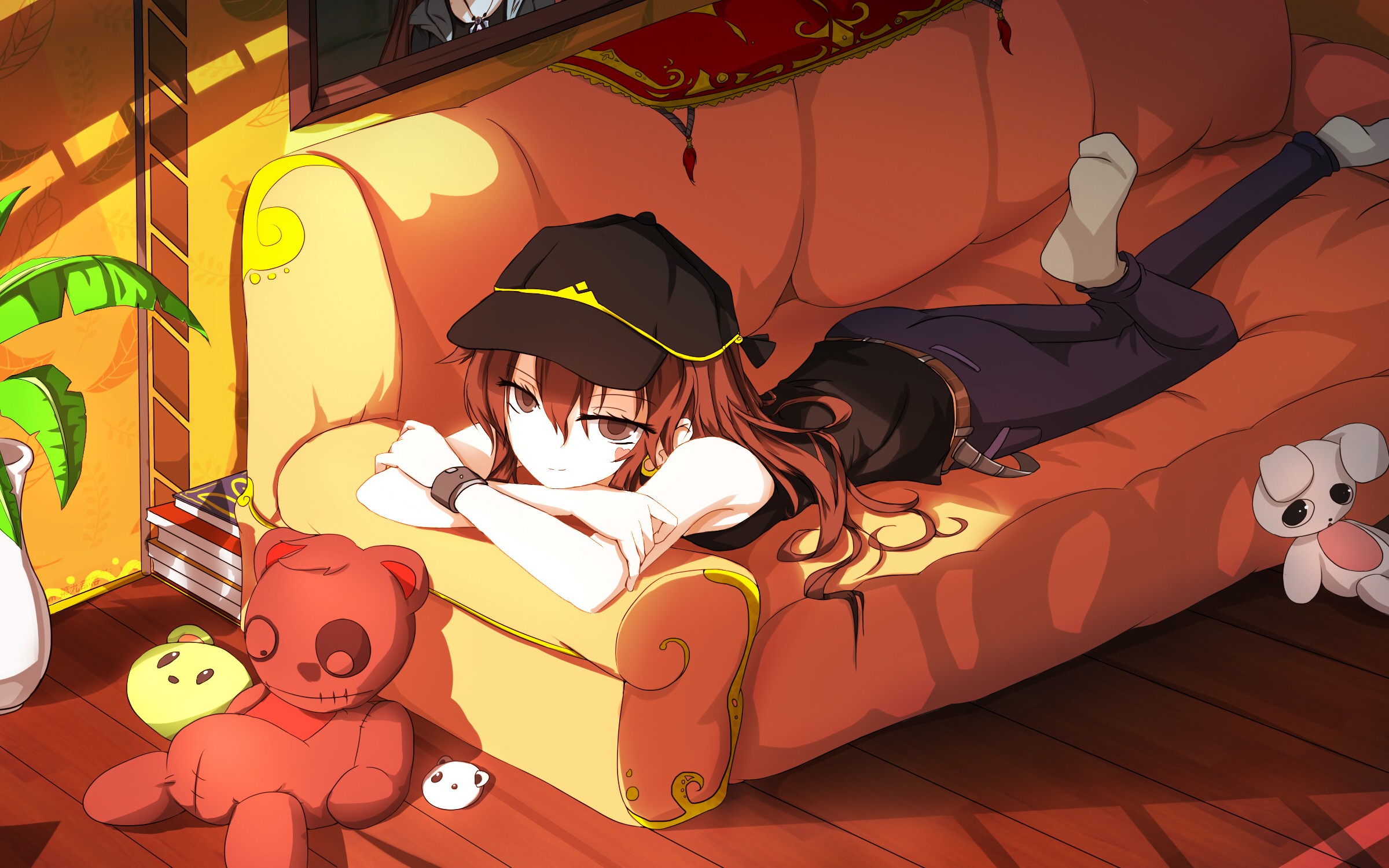 Anime 2400x1500 anime anime girls lying on front hat plush toy couch women indoors long hair heart (tattoo) inked girls lying on couch high angle