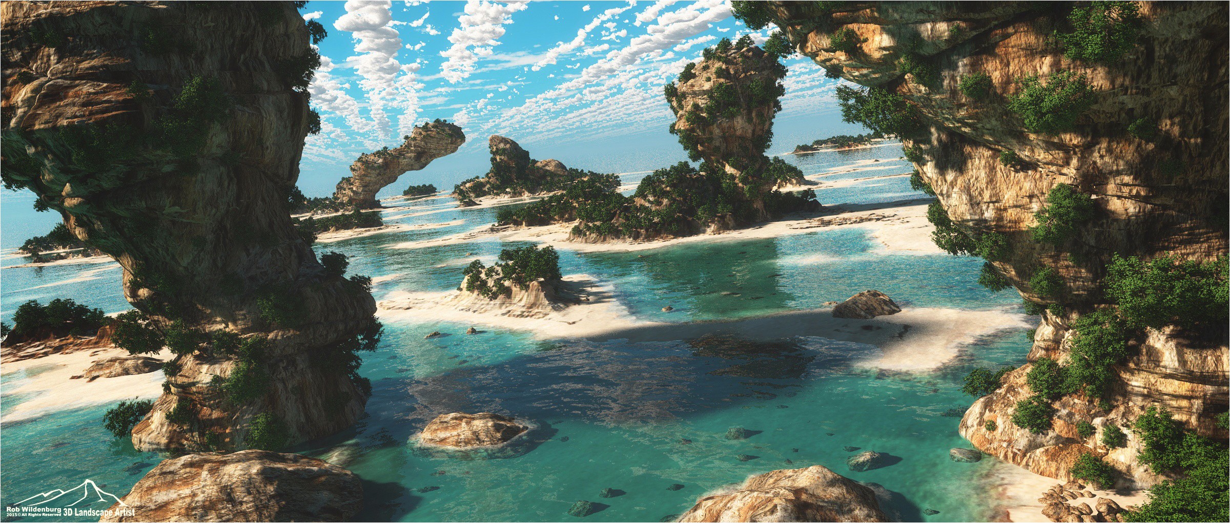 General 2400x1021 CGI nature digital art rocks cliff sea