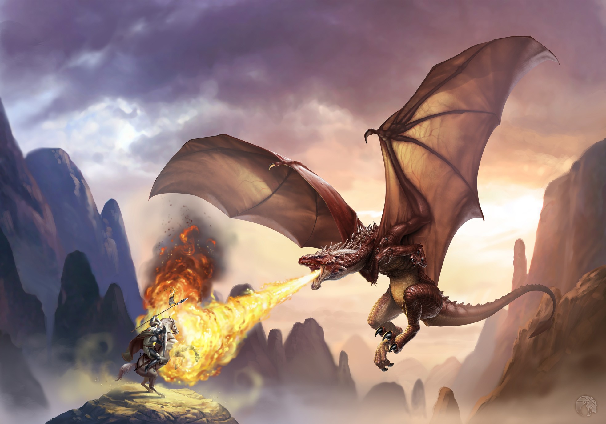 General 1969x1378 digital art fantasy art dragon wings rocks fire flying spear horse knight creature DeviantArt