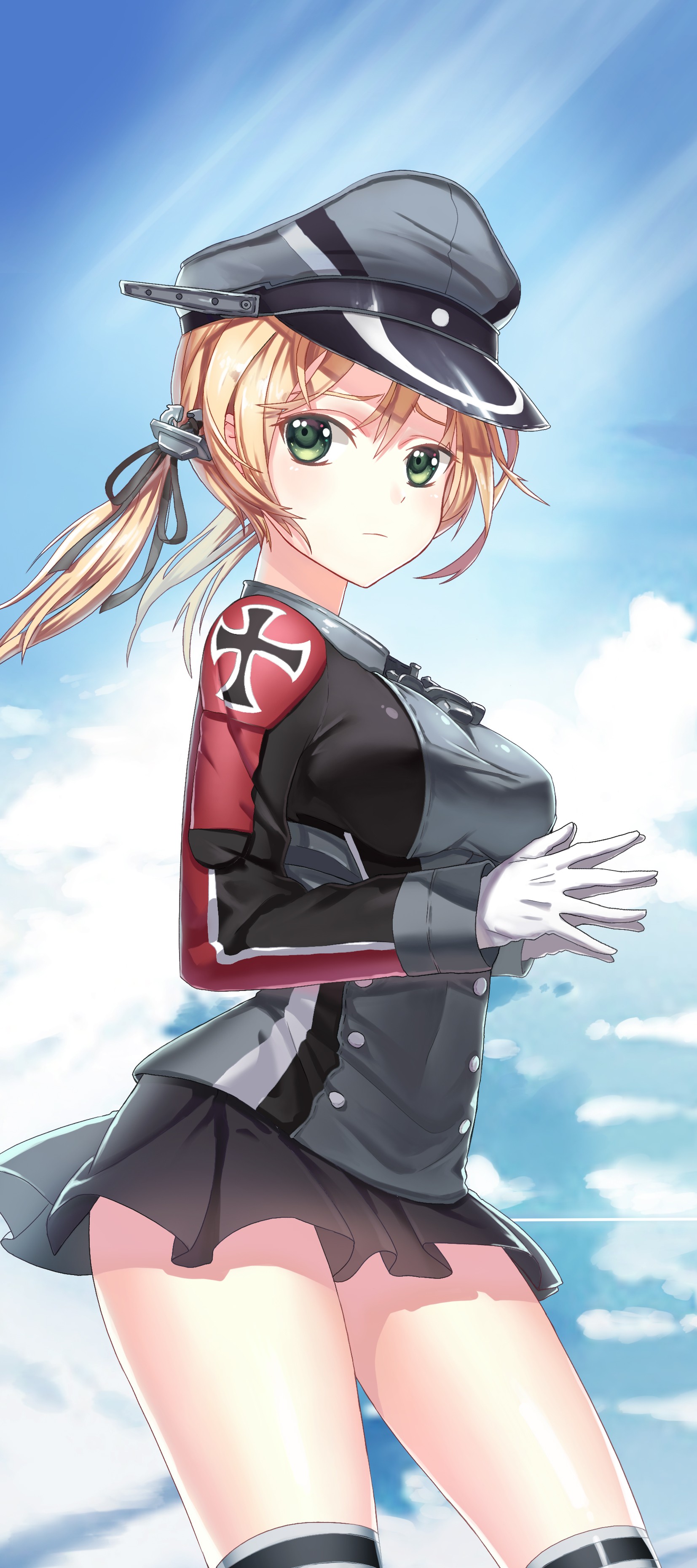 Anime 1654x3720 anime anime girls Kantai Collection Prinz Eugen (KanColle) uniform green eyes blonde hat thighs miniskirt black skirts women with hats Pixiv shoulder length hair looking at viewer boobs