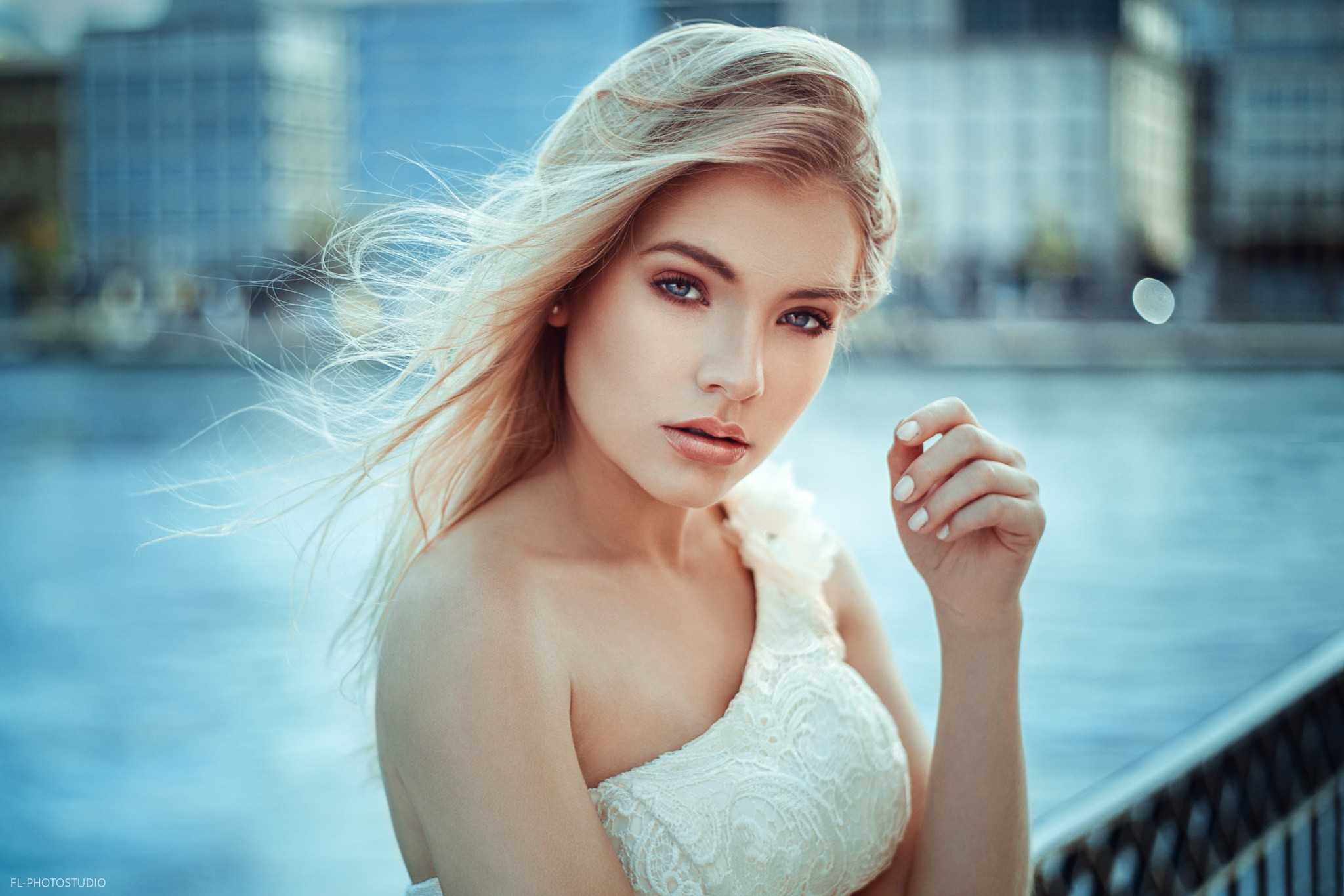 People 2048x1365 women model Lods Franck blonde blue eyes portrait face bridge windy depth of field Anna Maradan women outdoors white dress