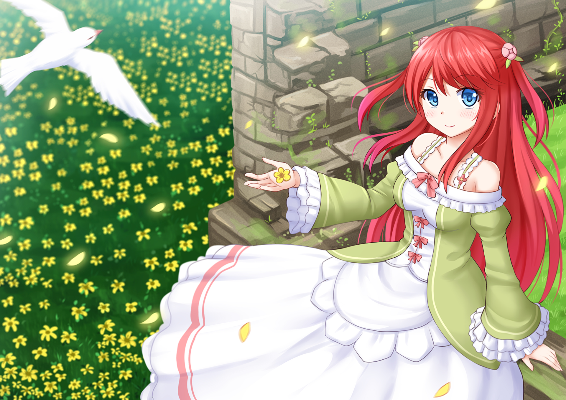 Anime 1920x1357 Re:Zero Kara Hajimeru Isekai Seikatsu plants flowers redhead blue eyes dress birds wall
